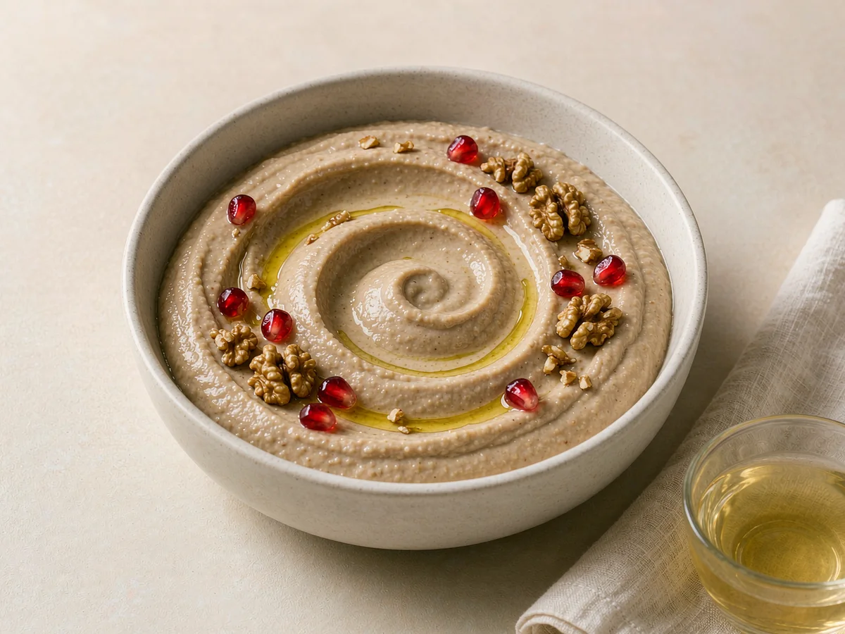 Miso muhammara in a light matte ceramic bowl, spoon-swirled dip with olive oil, pomegranate seeds and walnut bits, top-down on cream table