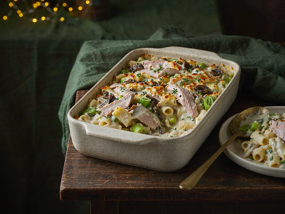 Creamy turkey and leek pasta bake in a deep matte dish, patchy golden cheese