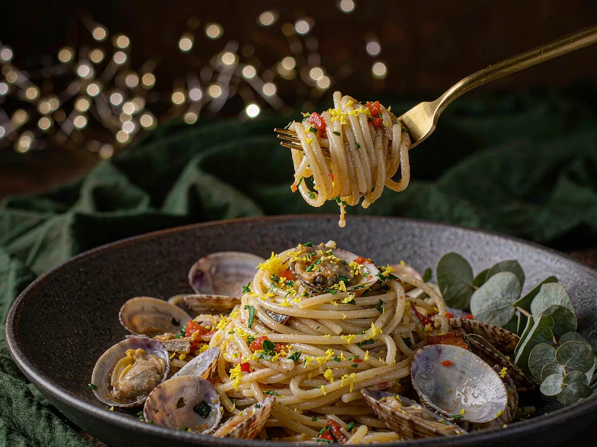 Spaghetti alle vongole in a dark matte shallow bowl, open clams and glossy pasta