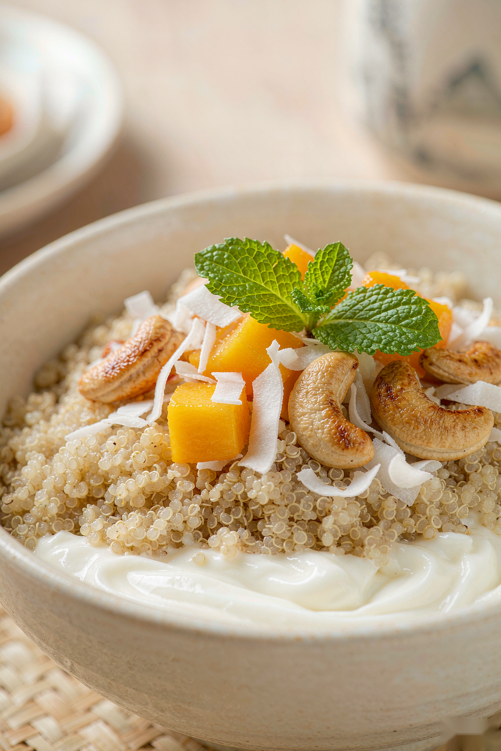 Close-up of coconut mango quinoa bowl showing fluffy quinoa grains mango cubes coconut flakes and mint on creamy yogurt base