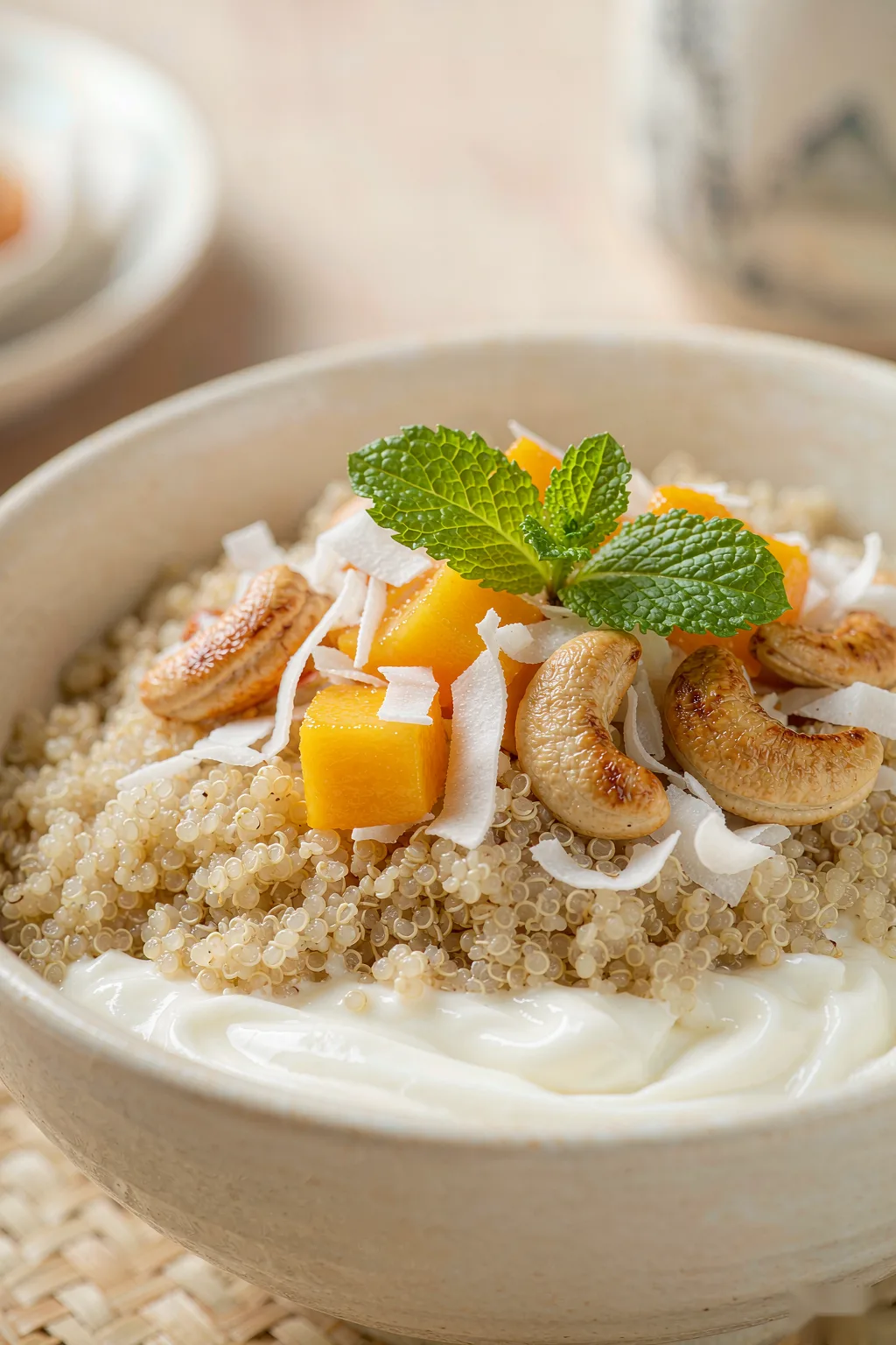 Close-up of coconut mango quinoa bowl showing fluffy quinoa grains mango cubes coconut flakes and mint on creamy yogurt base
