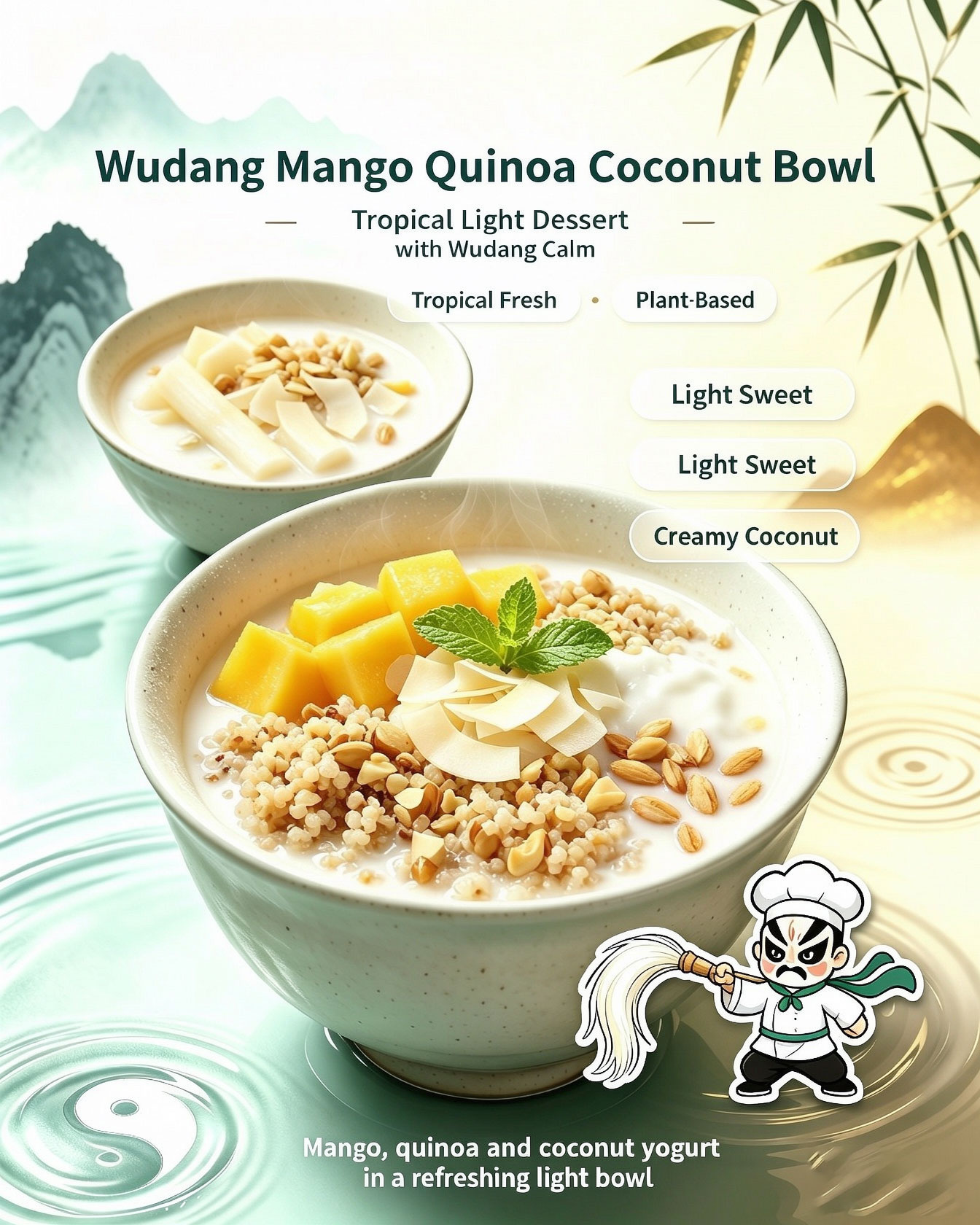 Branding image of Wudang Mango Quinoa Coconut Bowl with kung fu chef IP and tropical fresh plant-based tags
