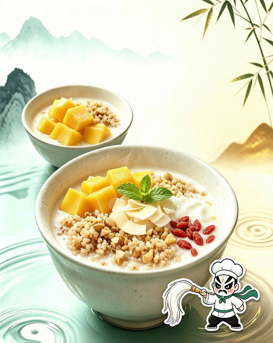 Kung Fu Wudang Coconut Mango Quinoa Bowl — Tropical Light Dessert with Fluffy Quinoa Ripe Mango Creamy Coconut Yogurt Toasted Nuts Plant-Based Complete Protein Gluten-Free Low-GI Afternoon Tea Clean Eating Kung Fu Wellness Bowl