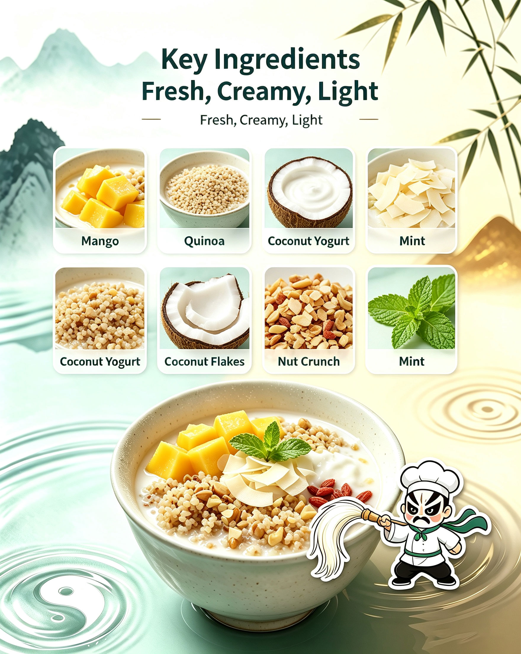 How to craft Wudang Coconut Mango Quinoa Bowl - six steps showing key ingredients fresh mango quinoa coconut yogurt mint flakes nut crunch