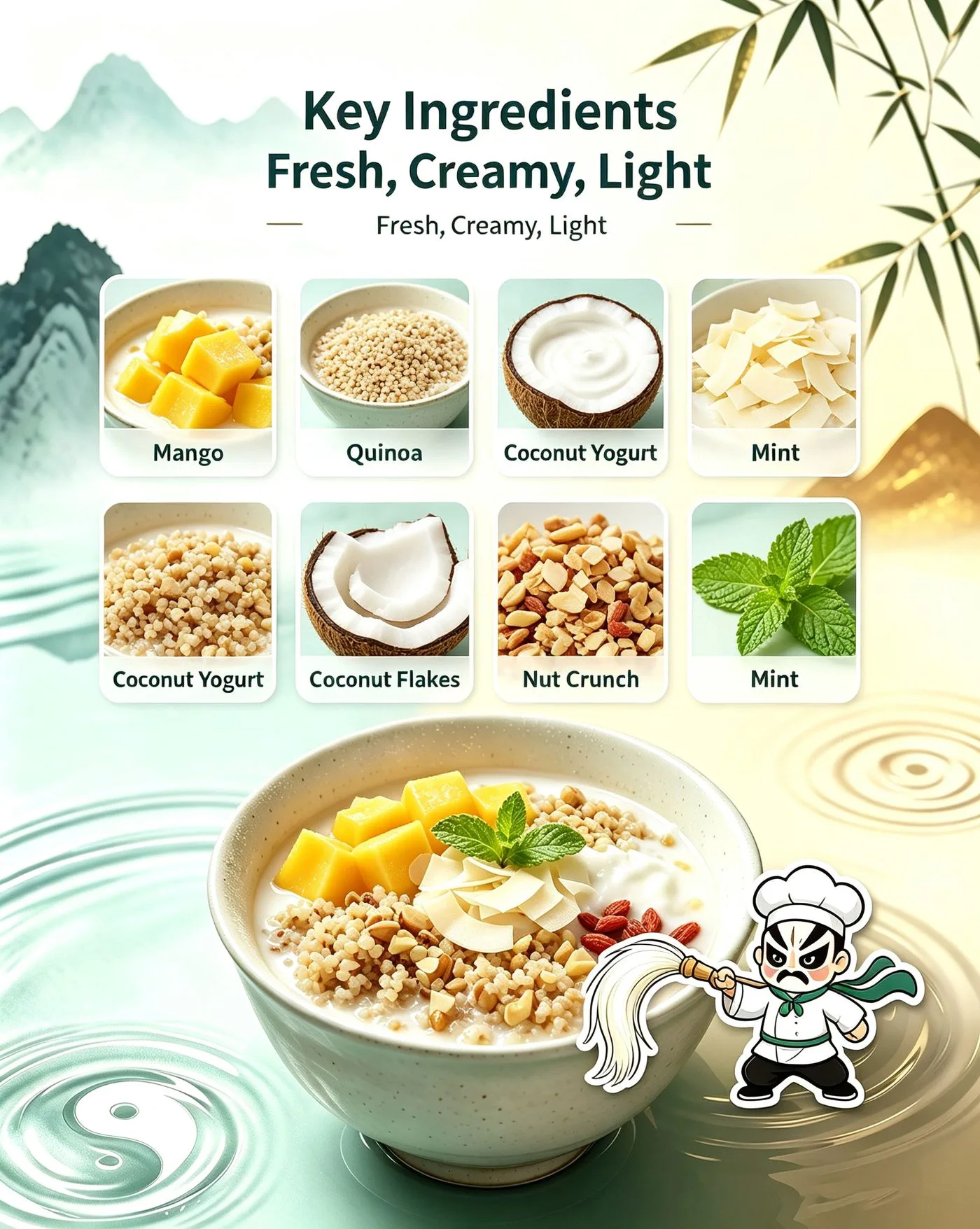 How to craft Wudang Coconut Mango Quinoa Bowl - six steps showing key ingredients fresh mango quinoa coconut yogurt mint flakes nut crunch