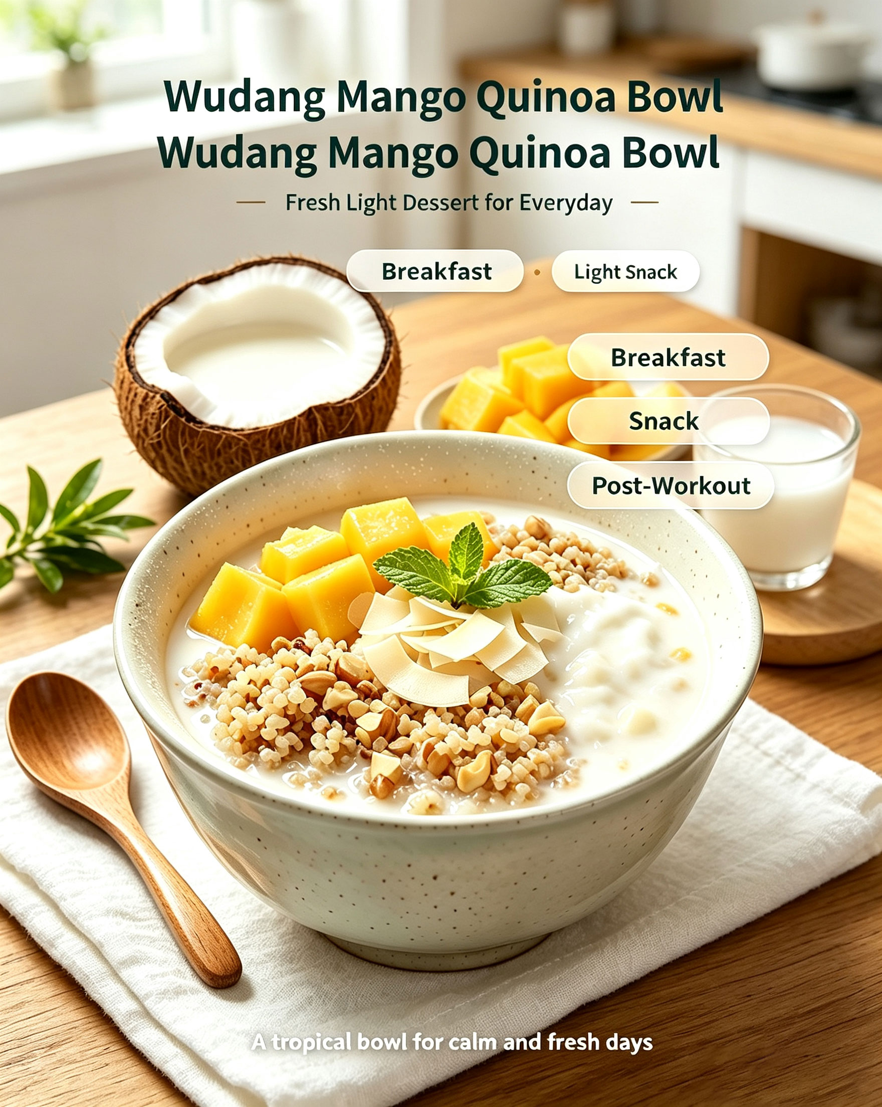 Wudang Mango Quinoa Bowl title card showing fresh light dessert for everyday breakfast snack post-workout