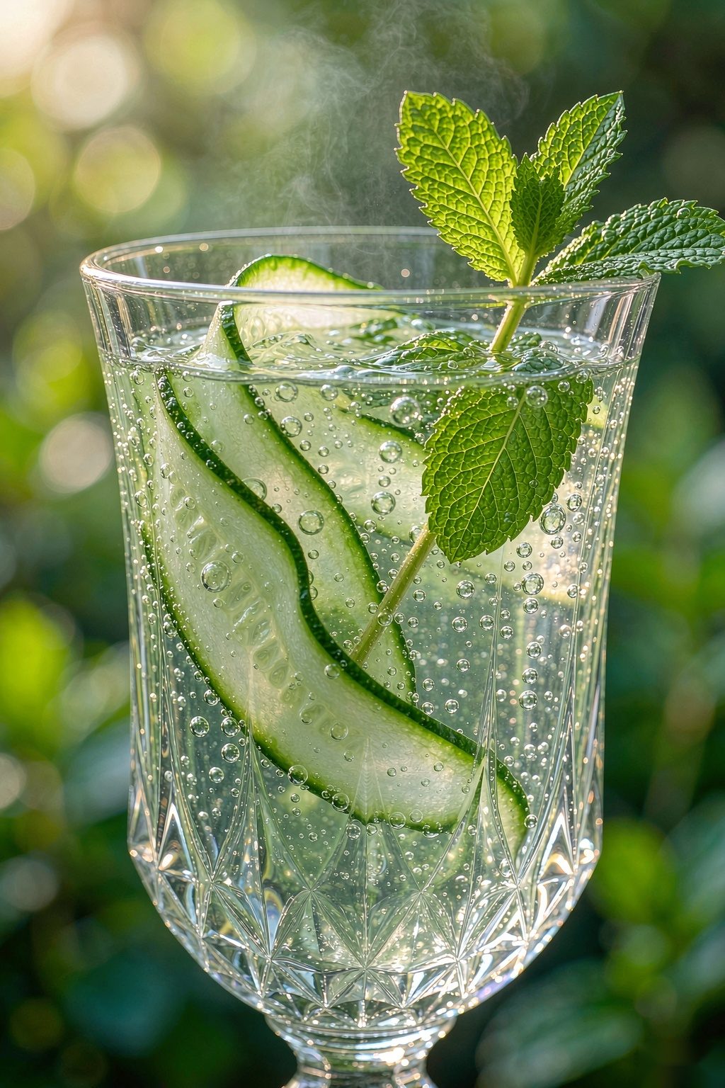 Macro of Cucumber Mint Sparkling Water with fine bubbles and a mint sprig