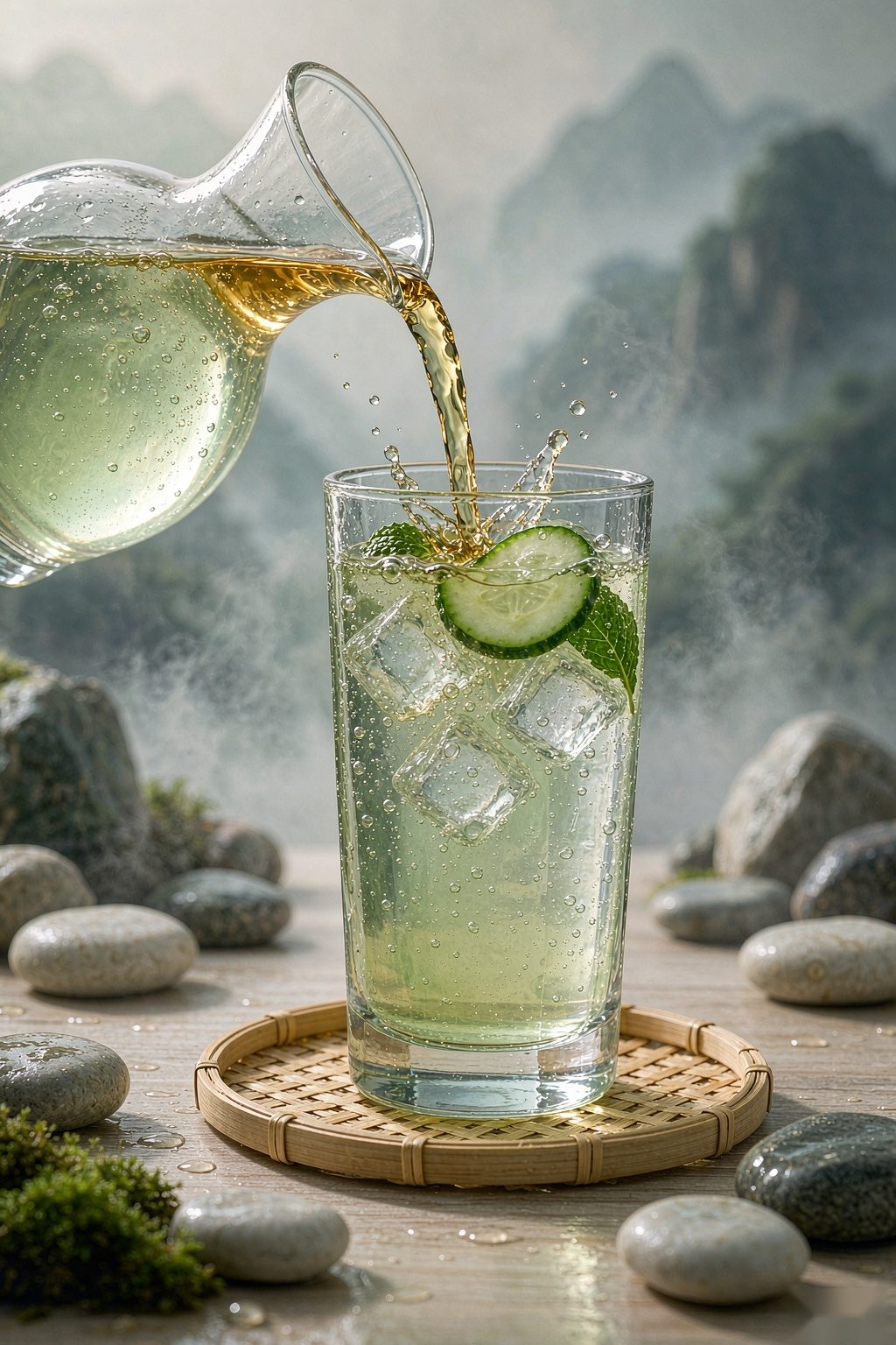 Pouring Cucumber Mint Sparkling Water into a glass with ice and cucumber