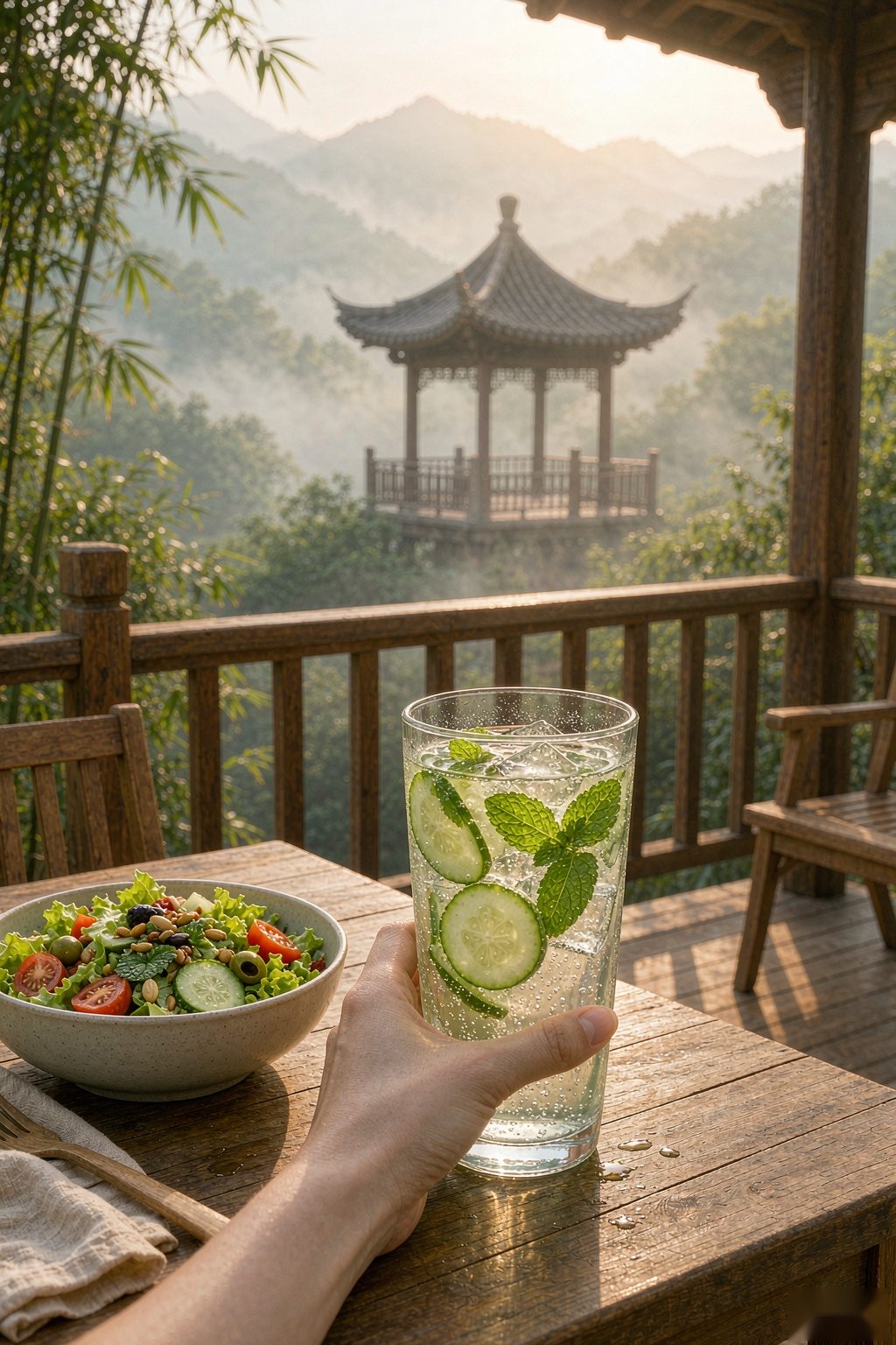 Hand holding Cucumber Mint Sparkling Water outdoors with a light meal salad bowl