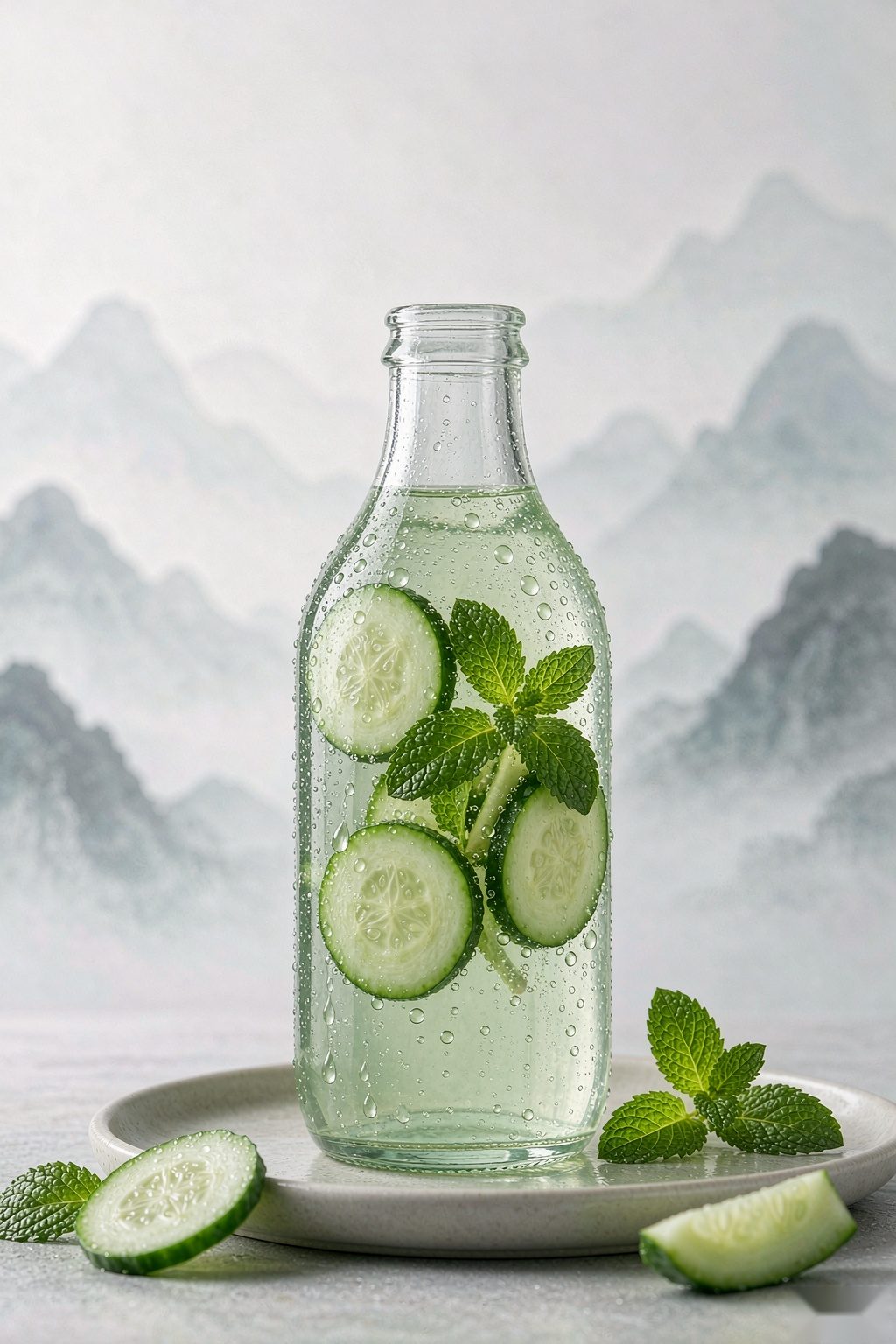 Kung Fu Cucumber Mint Sparkling Water — zero calorie flavored sparkling water with cucumber and mint, crisp healthy light meal beverage