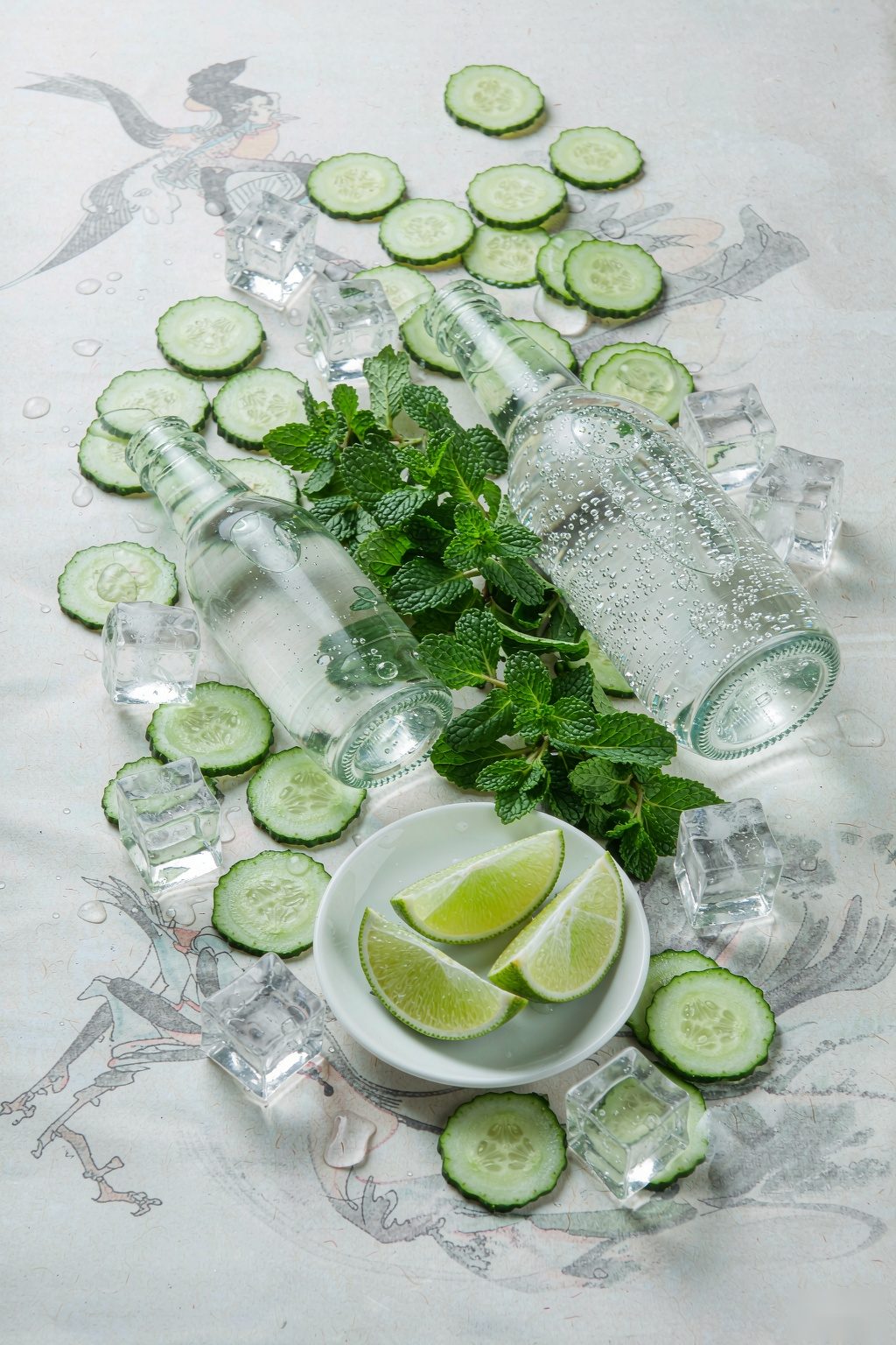 Cucumber Mint Sparkling Water ingredients flat lay: cucumber, mint, sparkling water, lime and ice