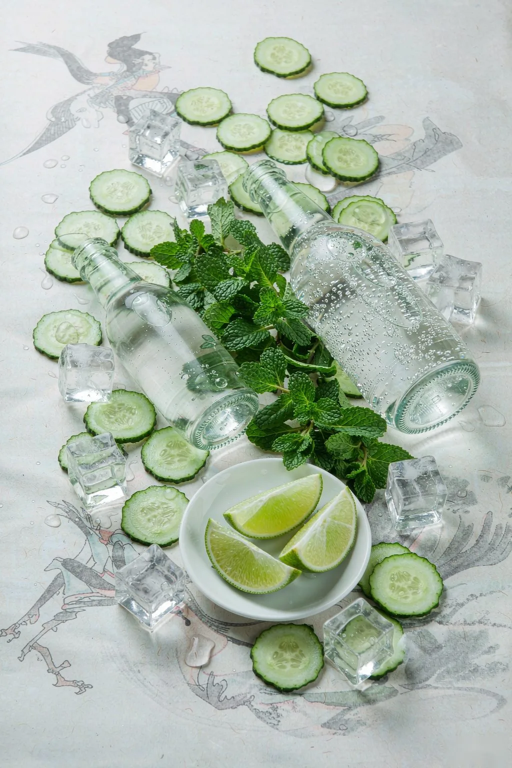 Cucumber Mint Sparkling Water ingredients flat lay: cucumber, mint, sparkling water, lime and ice