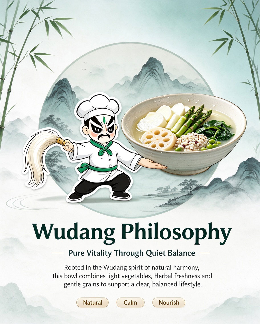 Wudang Philosophy — Pure Vitality Through Quiet Balance, Natural Calm Nourish, Taoist Martial Arts Chef Presenting Dendrobium Bowl