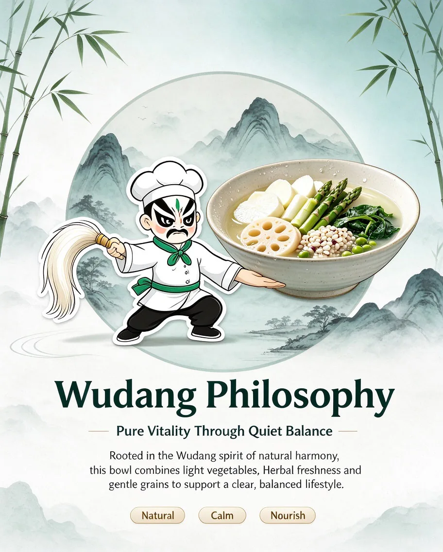 Wudang Philosophy — Pure Vitality Through Quiet Balance, Natural Calm Nourish, Taoist Martial Arts Chef Presenting Dendrobium Bowl