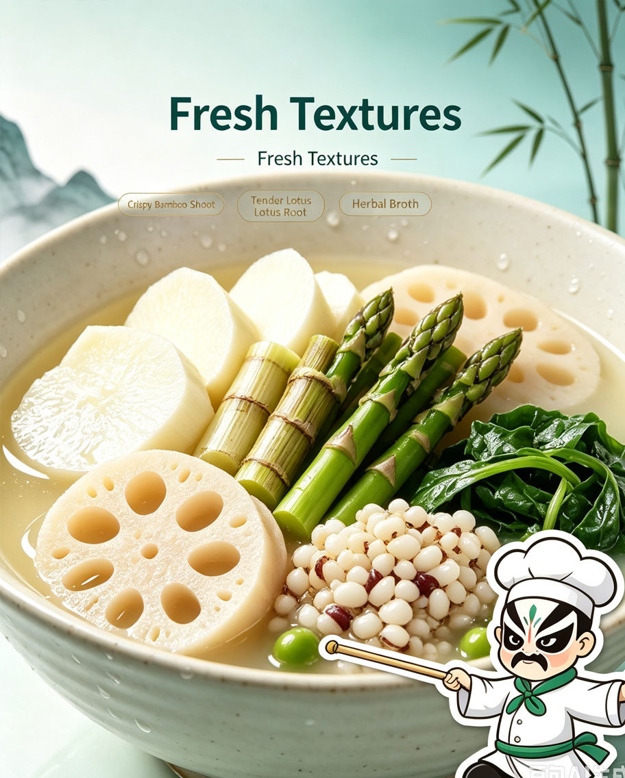 Fresh Textures Close-Up — Crispy Bamboo Shoot Tender Lotus Root Herbal Broth, Ingredient Details of Dendrobium Water-Bamboo Bowl