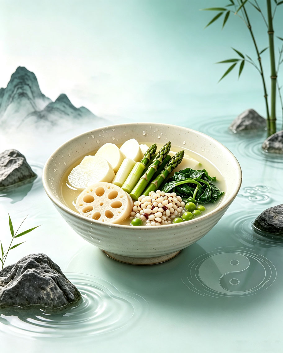 Wudang Dendrobium Water-Bamboo Fresh Wellness Bowl — TCM Herbal Detox Bowl with Crisp Water Bamboo Lotus Root Asparagus in Clear Broth, Wudang Mountain Aesthetic