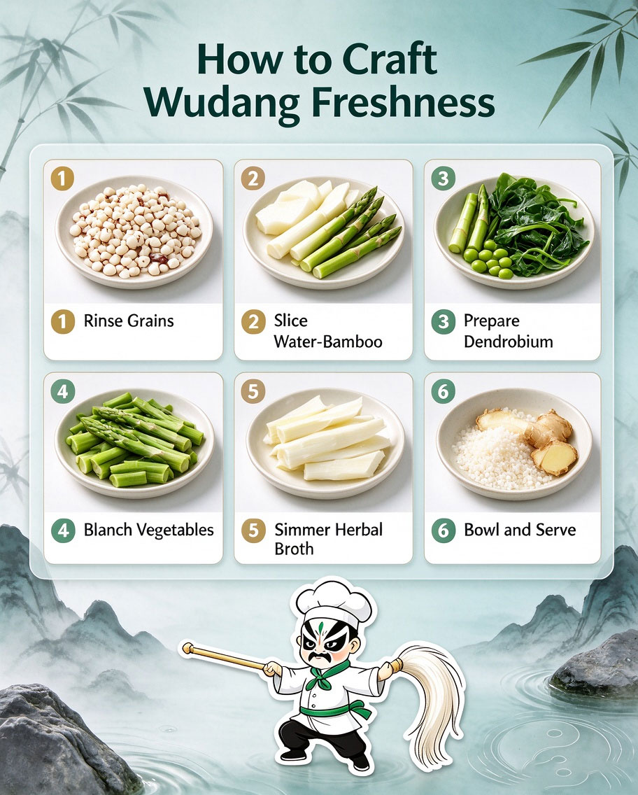 How to Craft Wudang Freshness — Six Step Guide: Rinse Grains, Slice Water-Bamboo, Prepare Dendrobium, Blanch Vegetables, Simmer Herbal Broth, Bowl and Serve