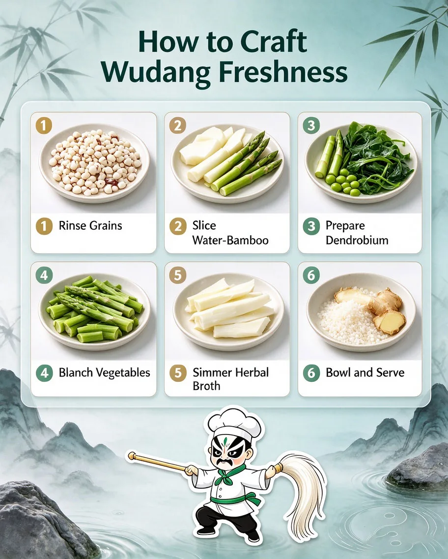 How to Craft Wudang Freshness — Six Step Guide: Rinse Grains, Slice Water-Bamboo, Prepare Dendrobium, Blanch Vegetables, Simmer Herbal Broth, Bowl and Serve