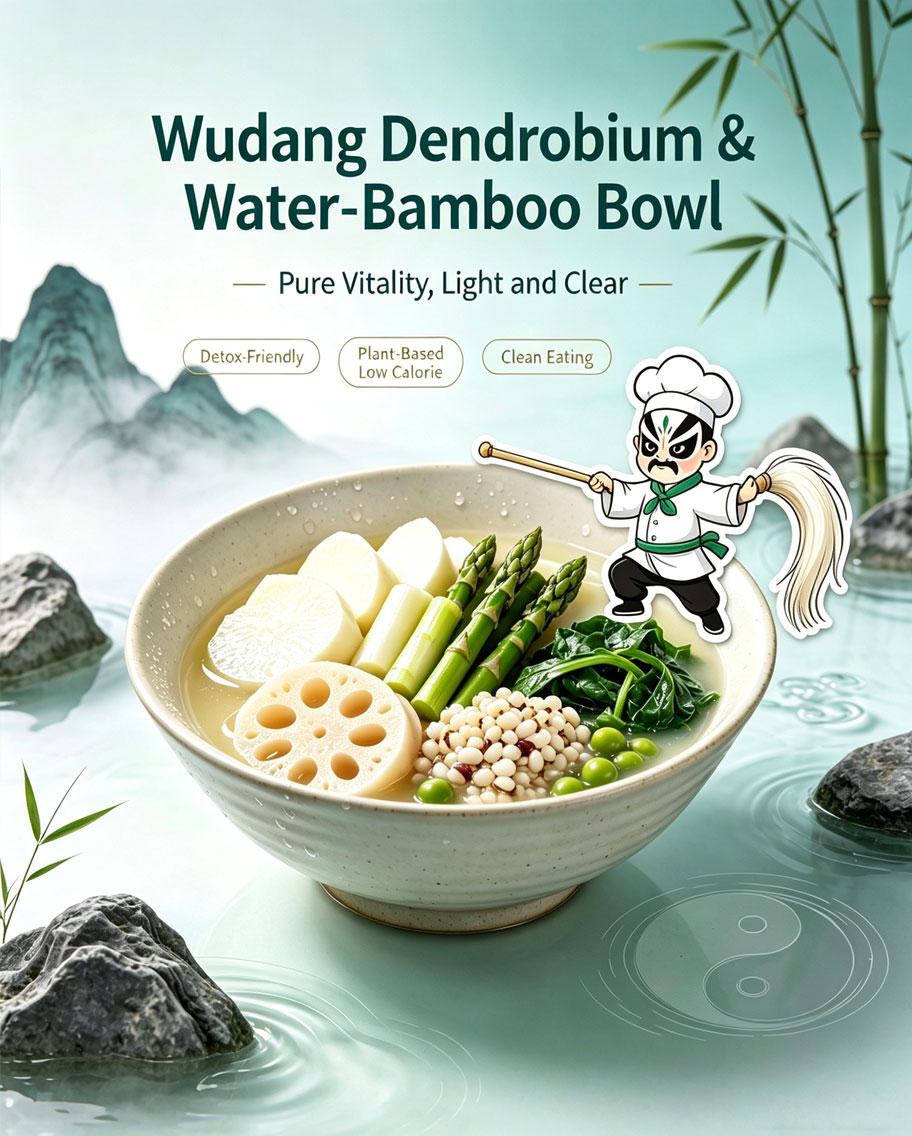 Wudang Dendrobium Water-Bamboo Bowl Title Card — Pure Vitality Light and Clear, Detox-Friendly Plant-Based Low Calorie Clean Eating
