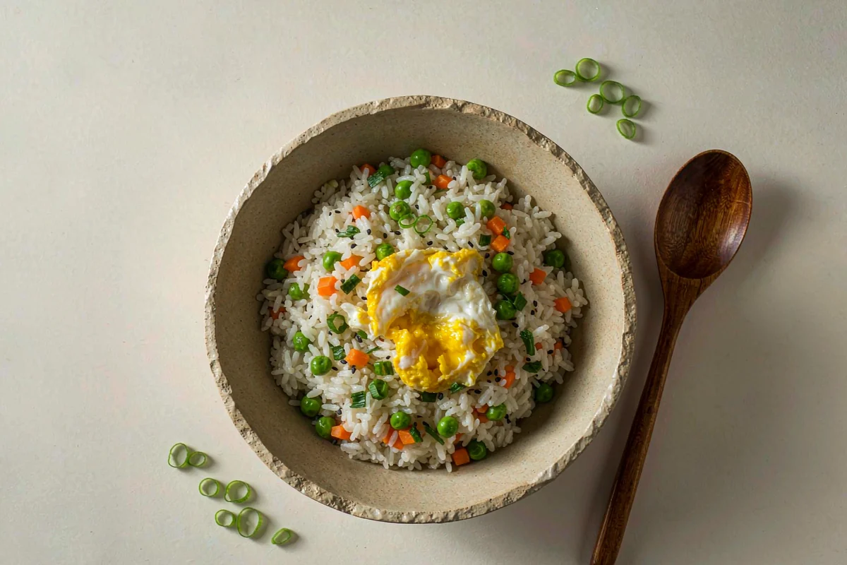 Microwave egg fried rice bowl — cooked rice, egg, peas and carrot in a light bowl