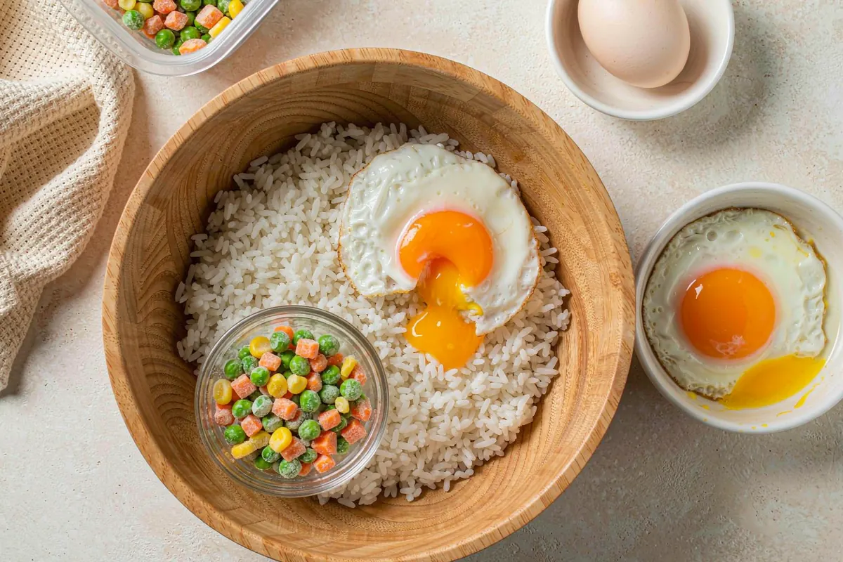 Microwave Egg Fried Rice Bowl being assembled in a light wood bowl