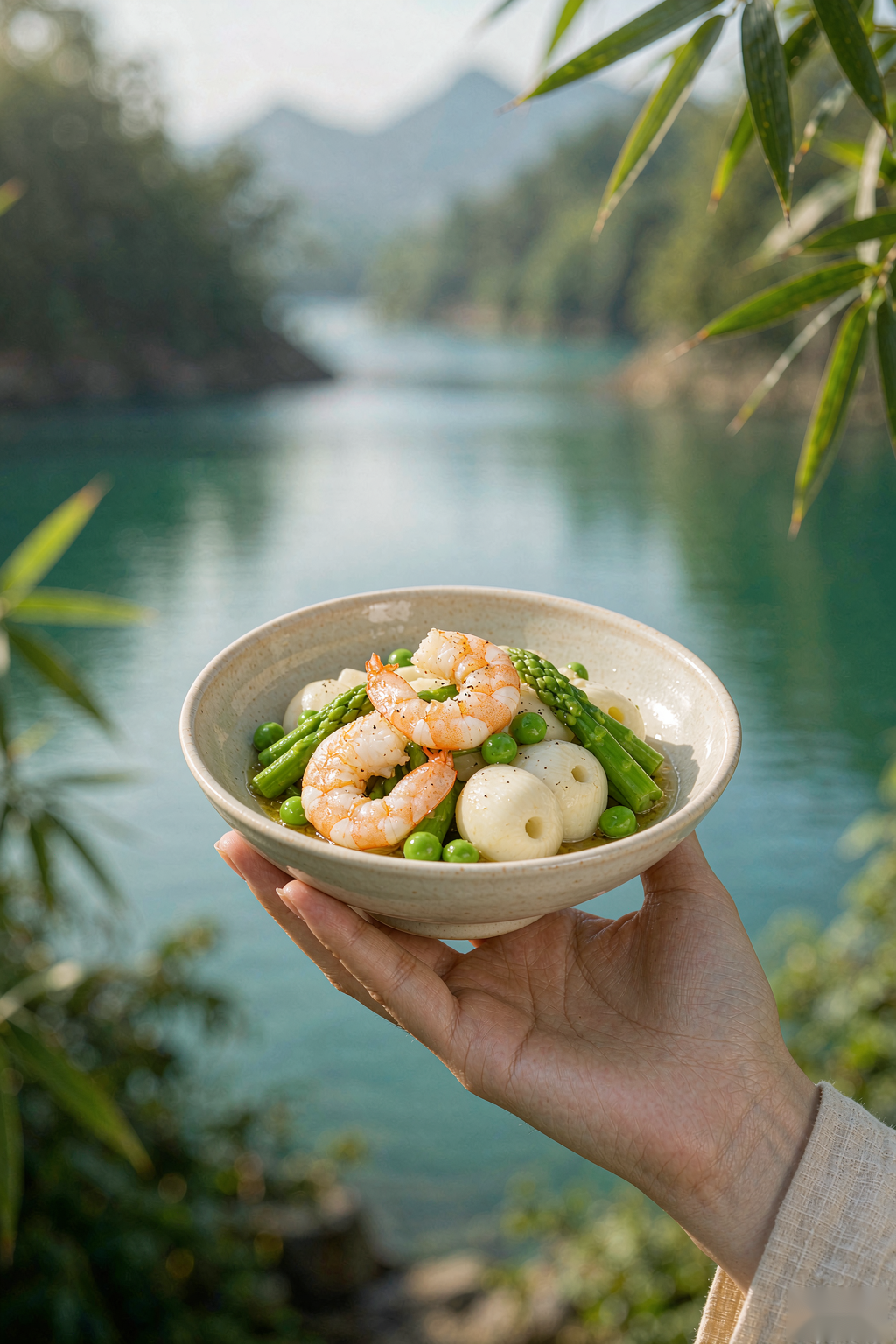 Lifestyle shot holding a bowl of Euryale & Shrimp Light Meal with blurred Wudang mountain lake background and bamboo leaves