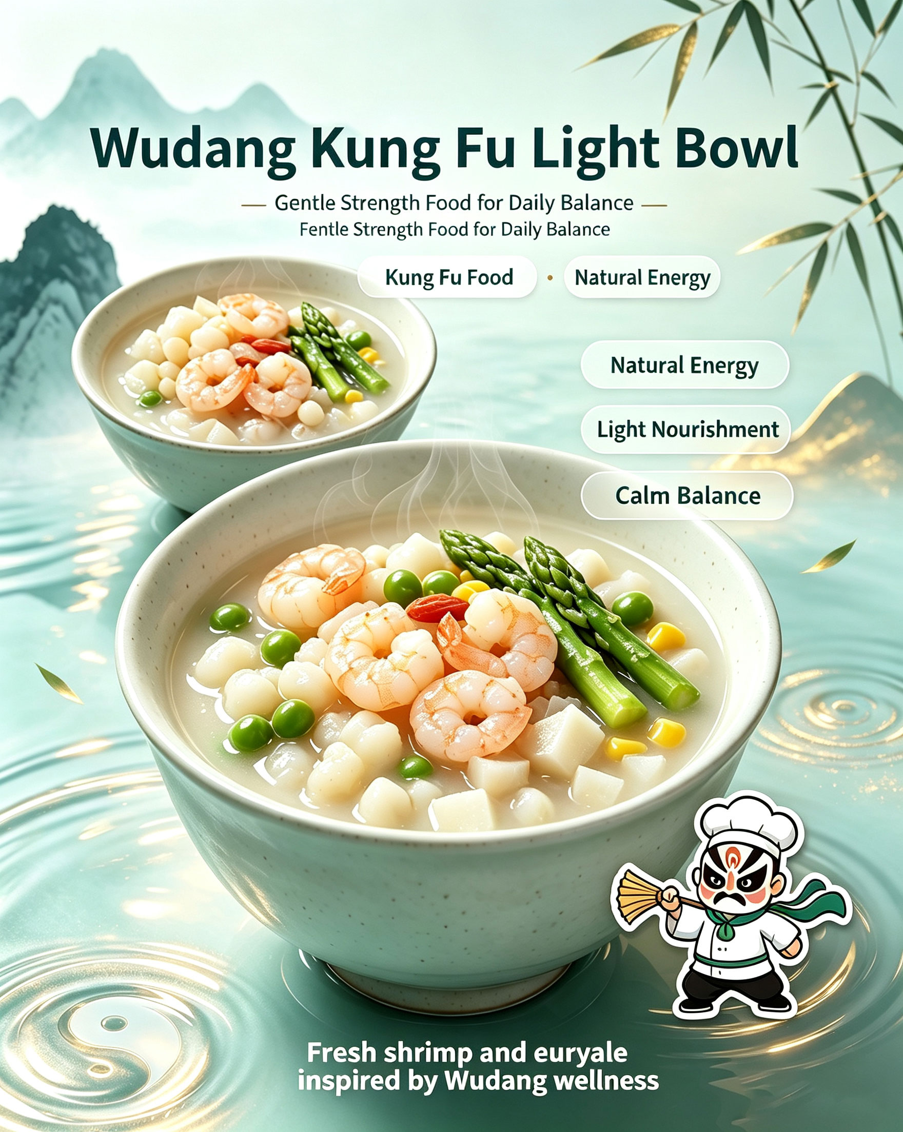 Wudang Kung Fu Light Bowl branding card with Kung Fu Food Natural Energy Light Nourishment Calm Balance tags