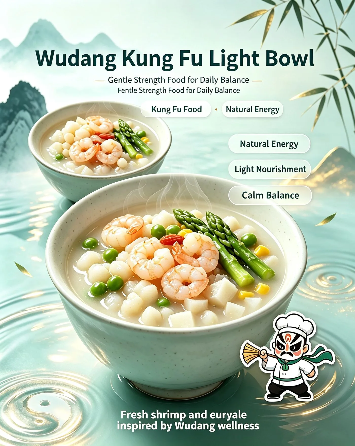 Wudang Kung Fu Light Bowl branding card with Kung Fu Food Natural Energy Light Nourishment Calm Balance tags
