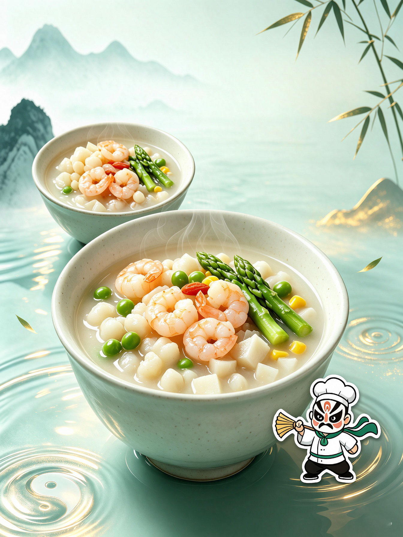 Wudang Euryale & Shrimp Light Bowl — two ceramic bowls of premium shrimp with euryale ferox seeds, asparagus, peas in clear broth against Wudang mountain lake scenery with Kung Fu chef mascot