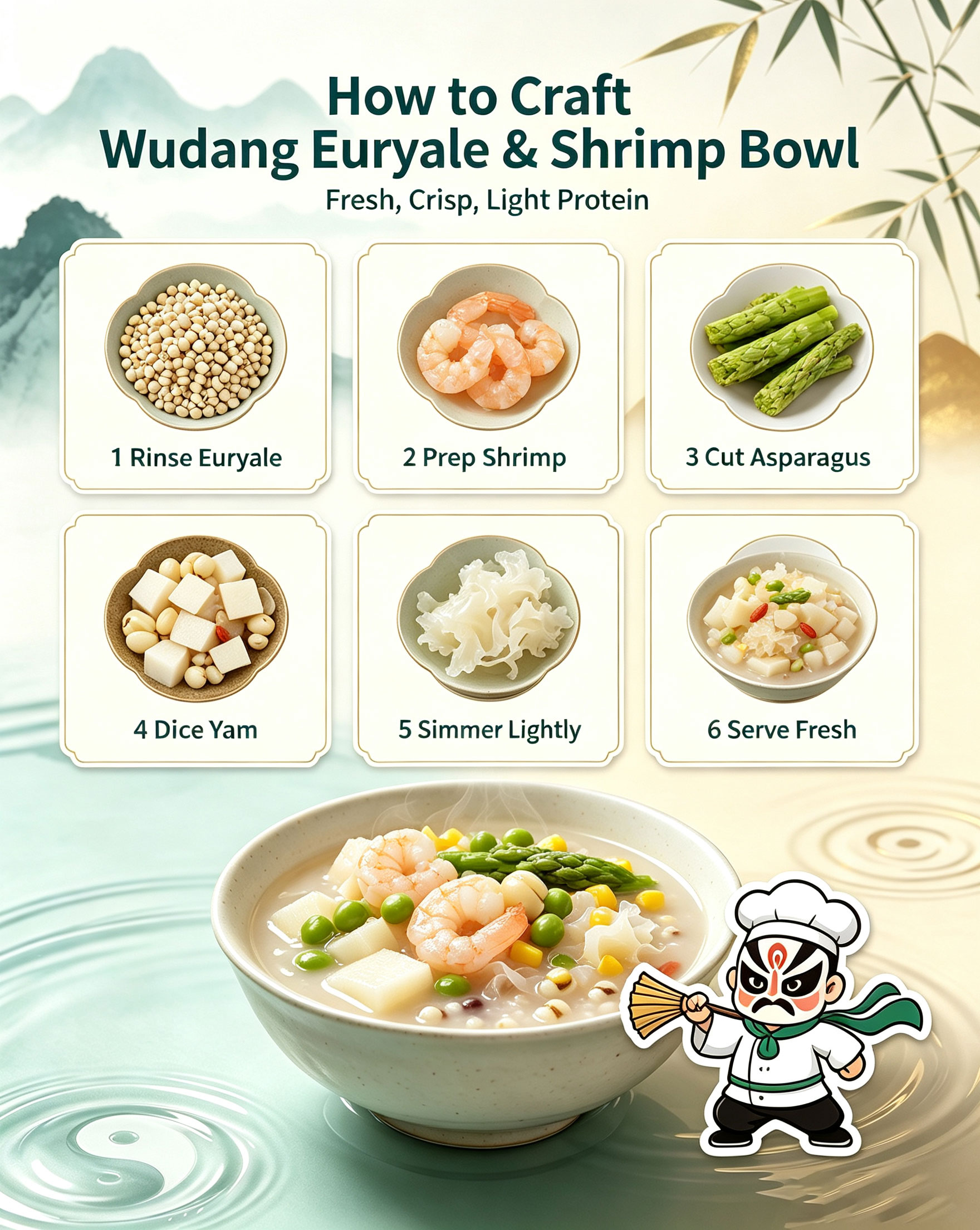How to Craft Wudang Euryale & Shrimp Bowl — six step visual guide showing rinse euryale, prep shrimp, cut asparagus, dice yam, simmer lightly, serve fresh