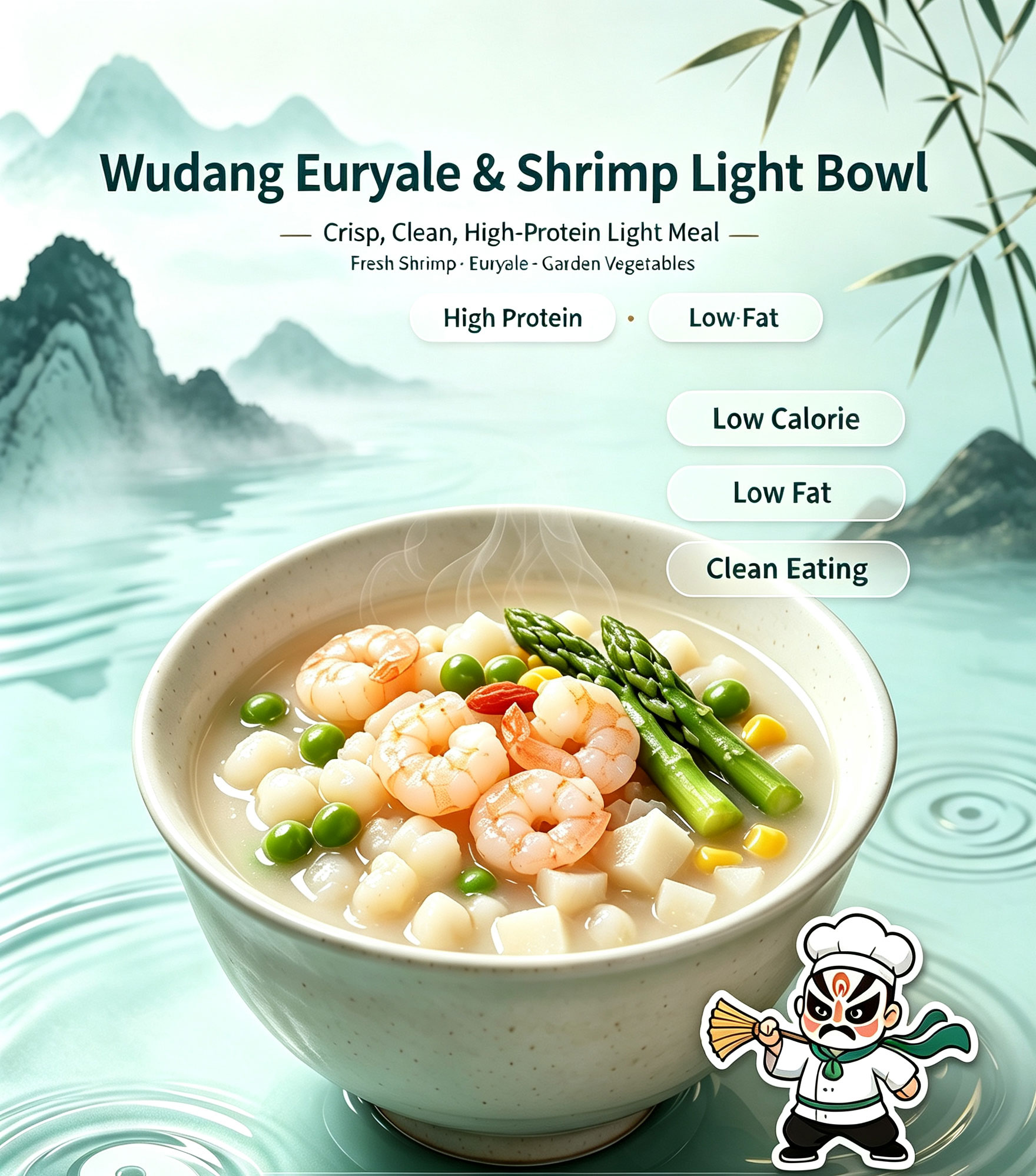 Wudang Euryale & Shrimp Light Bowl title card showing product name with High Protein Low Fat Low Calorie Clean Eating tags