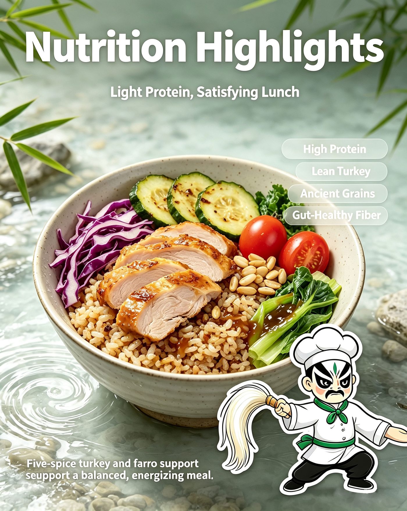 Nutrition highlights of Five-Spice Turkey Farro Bowl showing light protein satisfying lunch high protein lean turkey ancient grains gut-healthy fiber