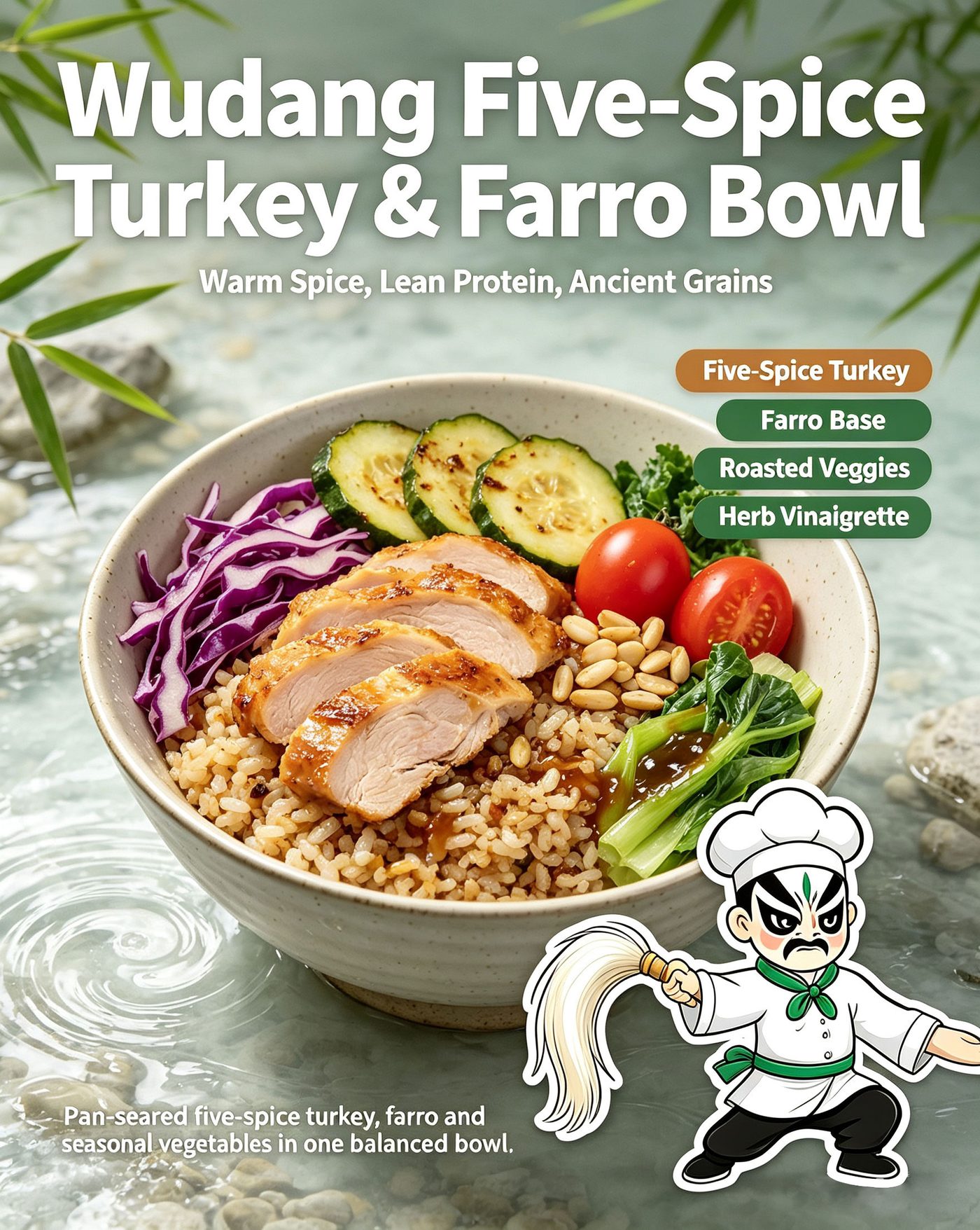 Wudang Five-Spice Turkey Farro Bowl branding image showing warm spice lean protein ancient grains five-spice turkey farro base roasted veggies herb vinaigrette