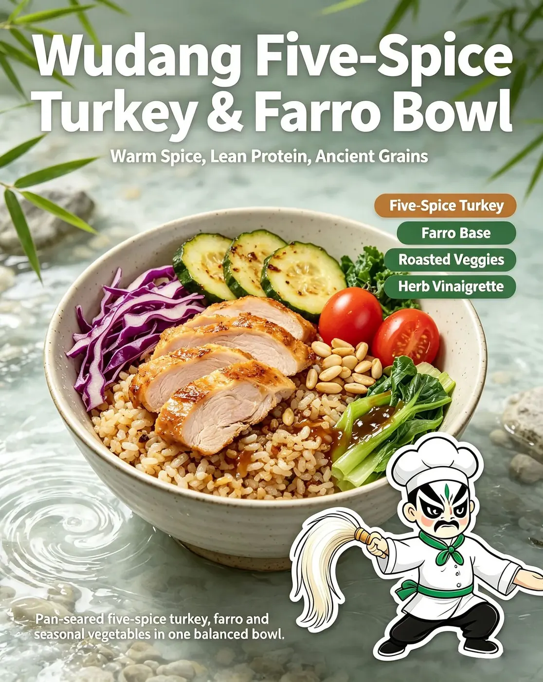 Wudang Five-Spice Turkey Farro Bowl branding image showing warm spice lean protein ancient grains five-spice turkey farro base roasted veggies herb vinaigrette
