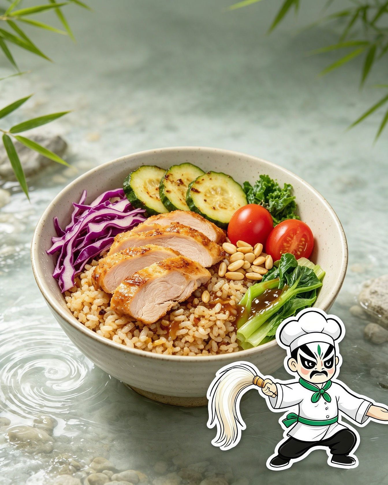 Kung Fu Wudang Five-Spice Turkey Farro Bowl — Pan-Seared Five-Spice Turkey Breast Nutty Farro Spelt Wheat Roasted Seasonal Vegetables Purple Cabbage Pine Nuts Herb Vinaigrette Lean High Protein Ancient Grains Low Calorie Eco-Friendly Sustainable Kung Fu Fitness Bowl