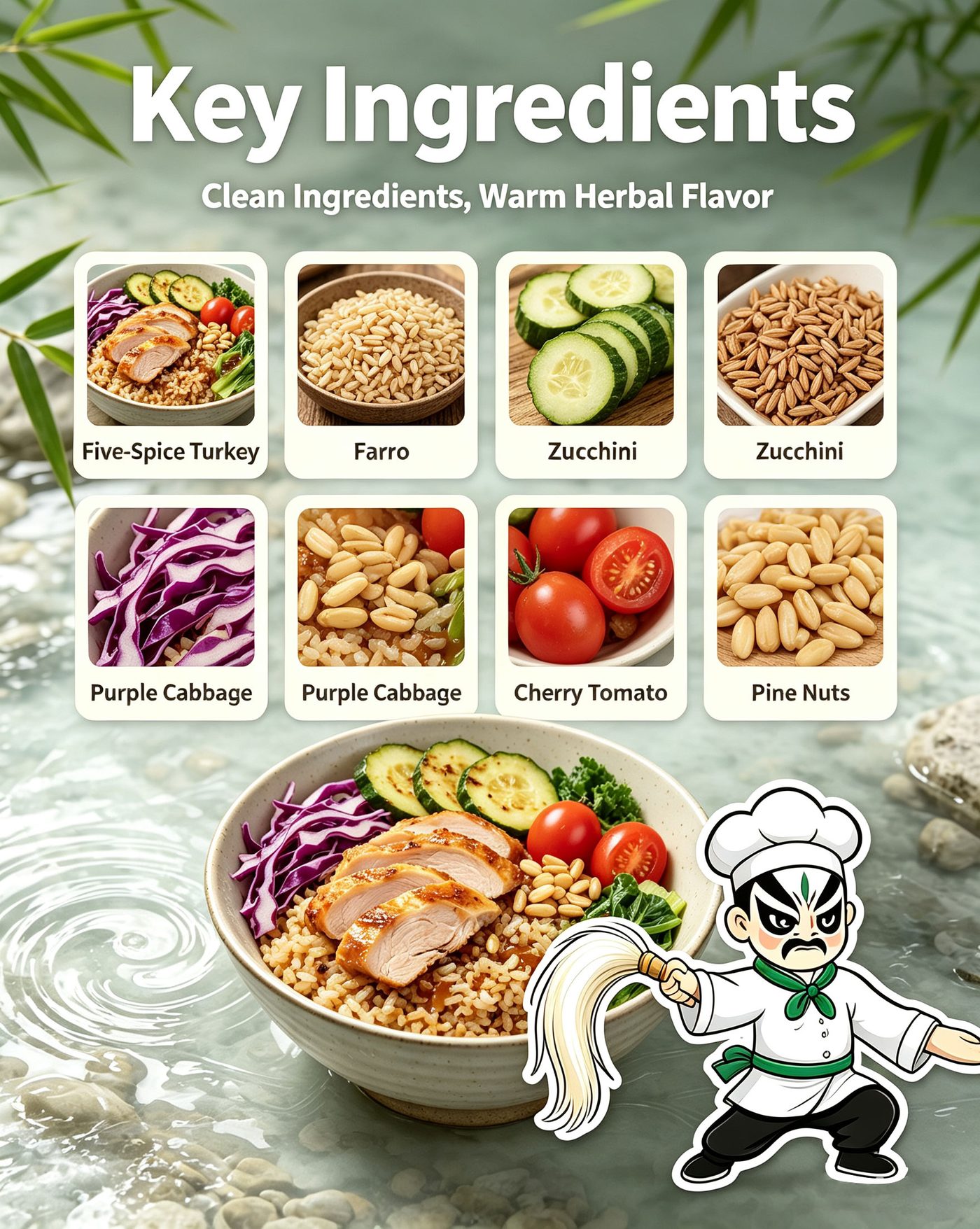 How to craft Wudang Five-Spice Turkey Farro Bowl - key ingredients showing five-spice turkey farro base zucchini purple cabbage cherry tomato pine nuts clean ingredients warm herbal flavor