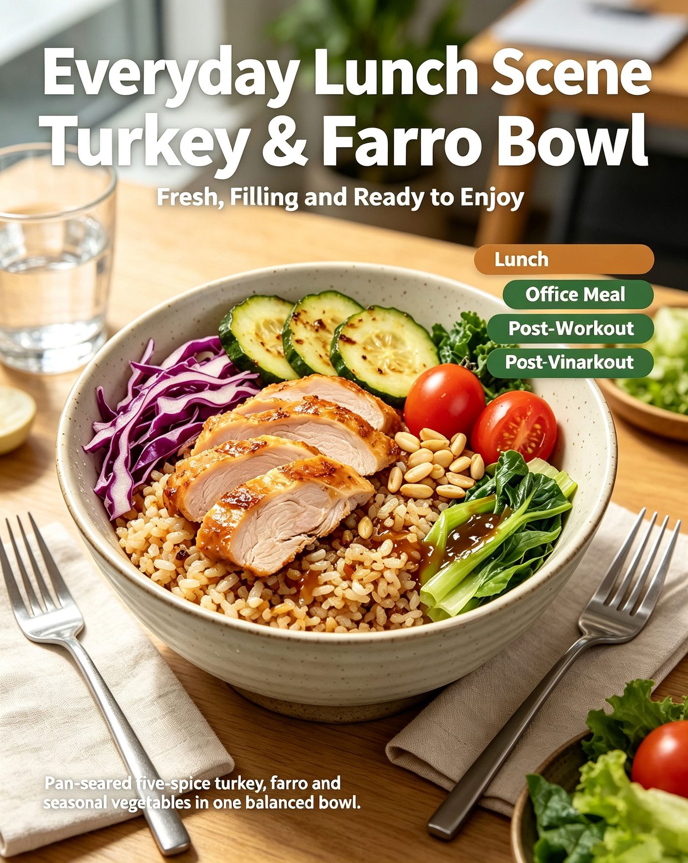 Wudang Five-Spice Turkey Farro Bowl everyday lunch scene showing fresh filling ready to enjoy lunch office meal post-workout