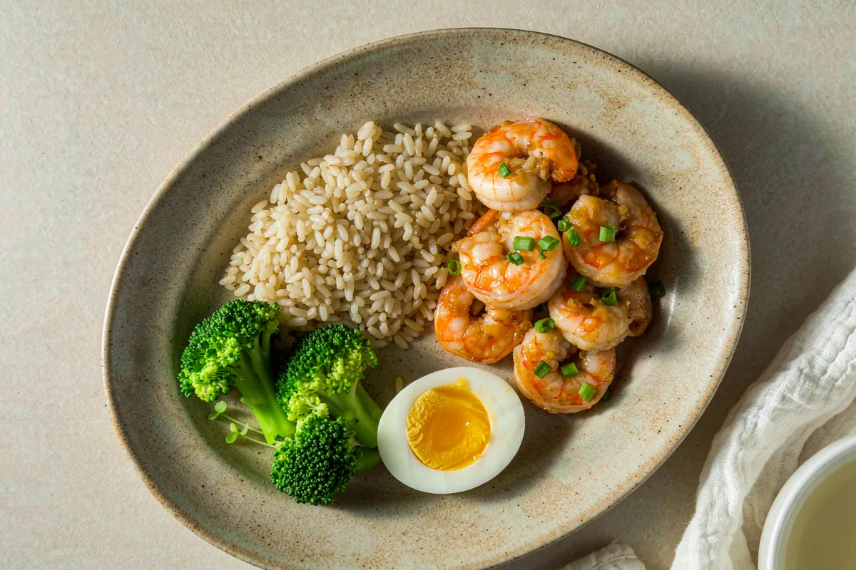 Garlic ginger shrimp rice bowl — seared shrimp, jasmine rice and a sticky ginger glaze in a shallow bowl