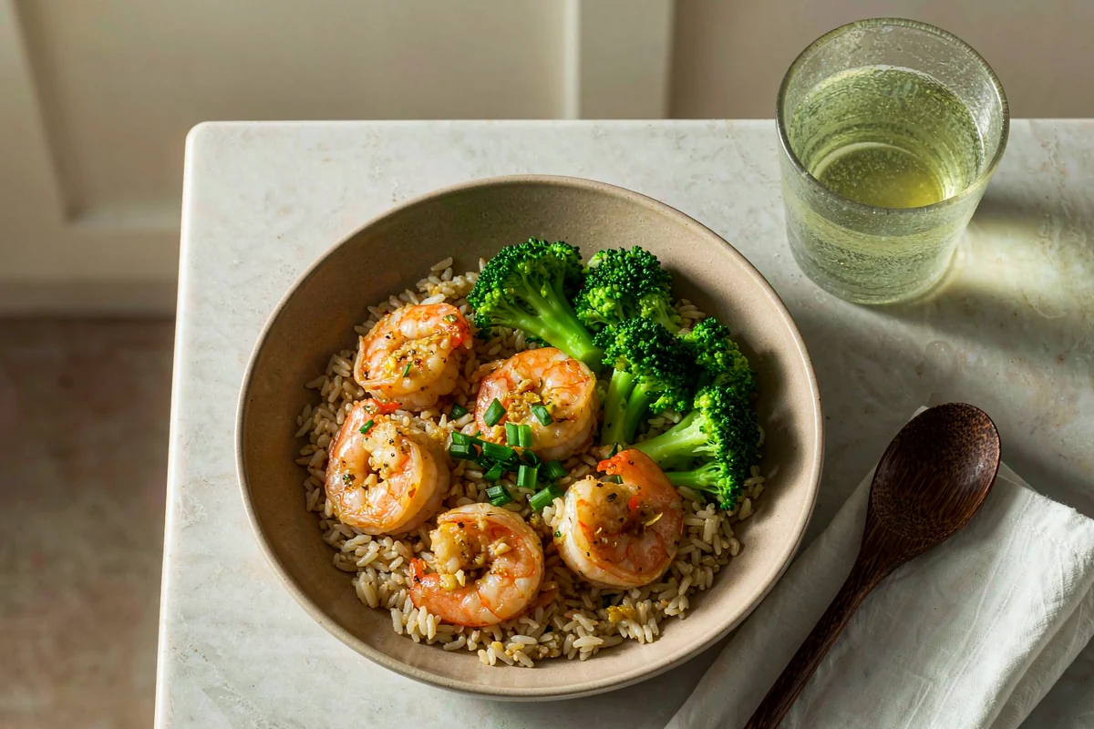 10-Minute Garlic-Ginger Shrimp Rice Bowl in a matte ceramic bowl with a wooden spoon