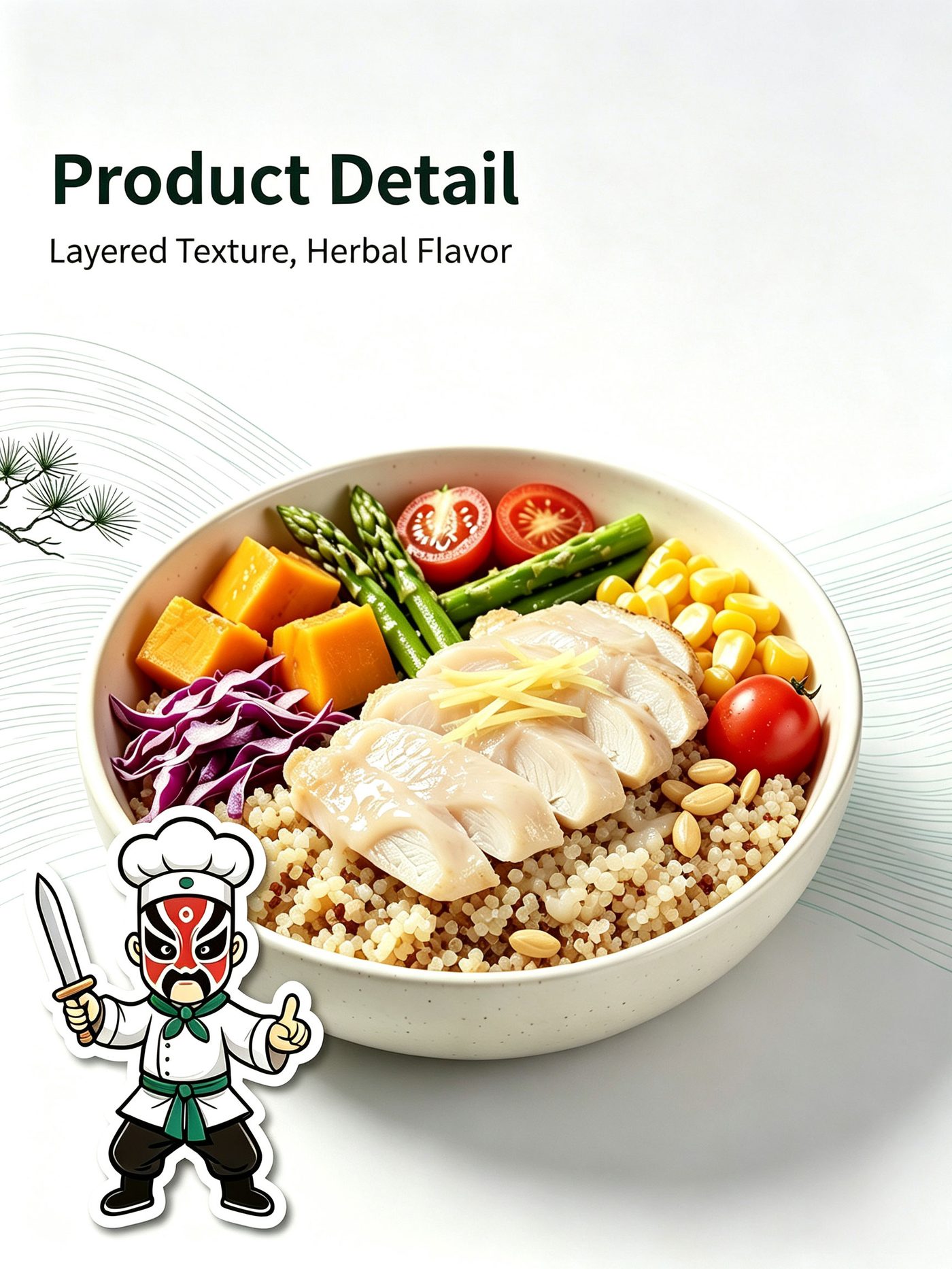 Product detail view of Ginger Steamed Cod Job's Tears Bowl layers and textures