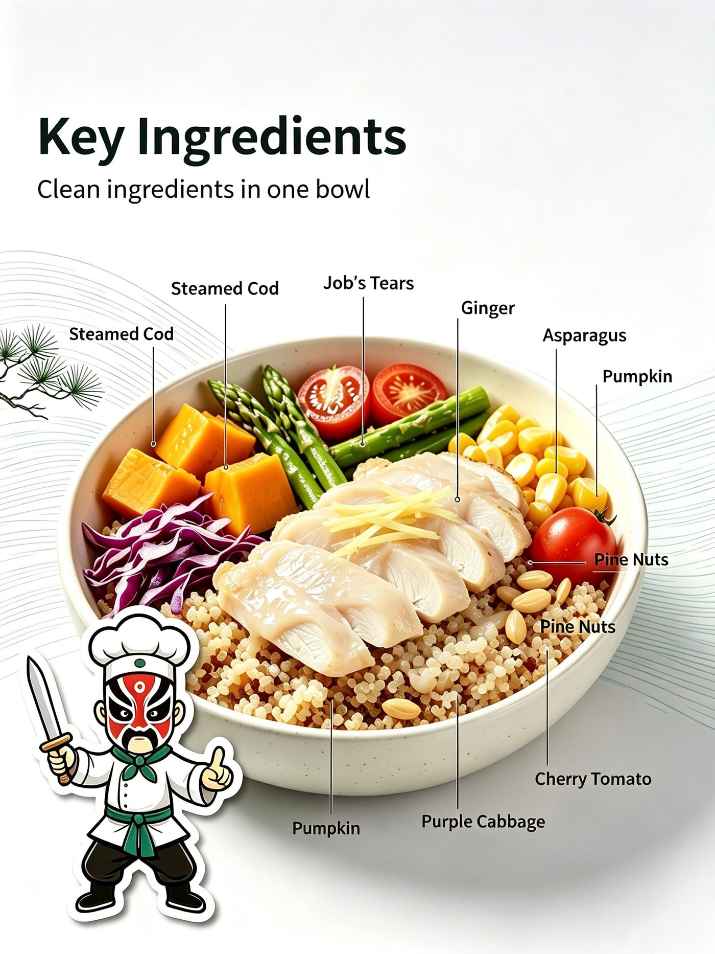 Key ingredients labeled view of Ginger Steamed Cod Job's Tears Bowl components
