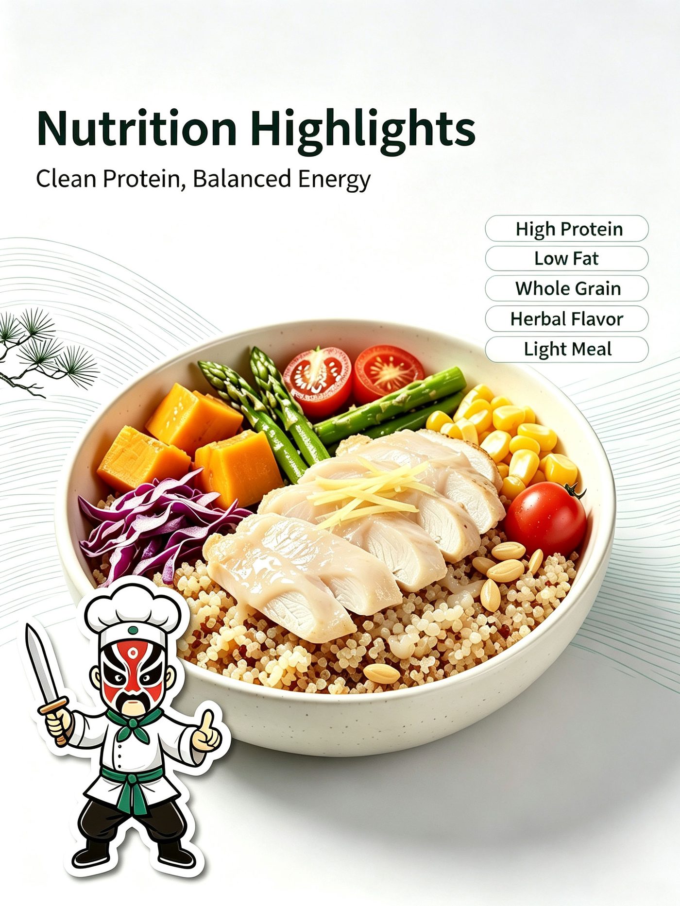 Nutrition highlights of Ginger Steamed Cod Job's Tears Bowl with health tags