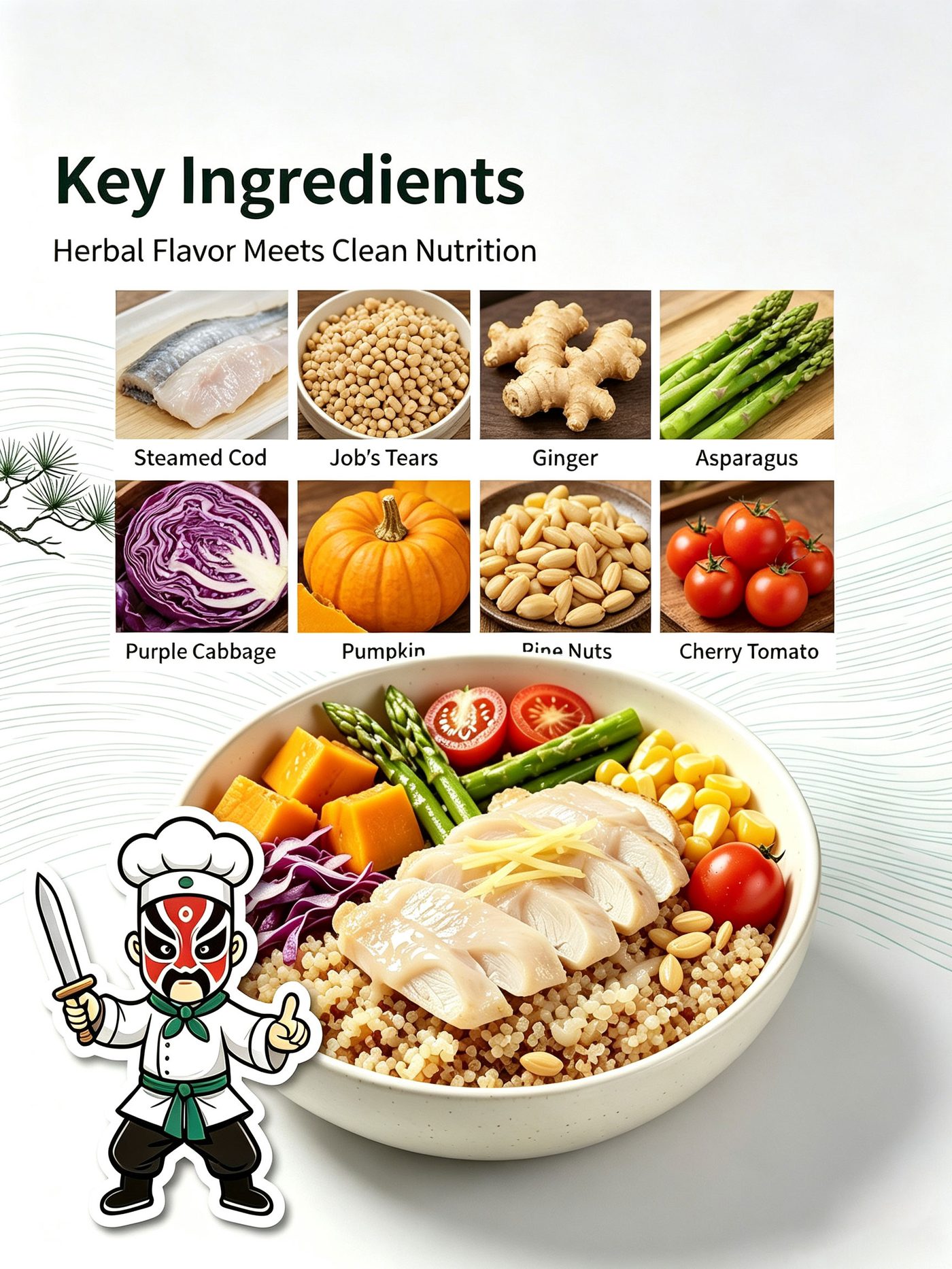 Making Ginger Steamed Cod Job's Tears Bowl — six step preparation process infographic
