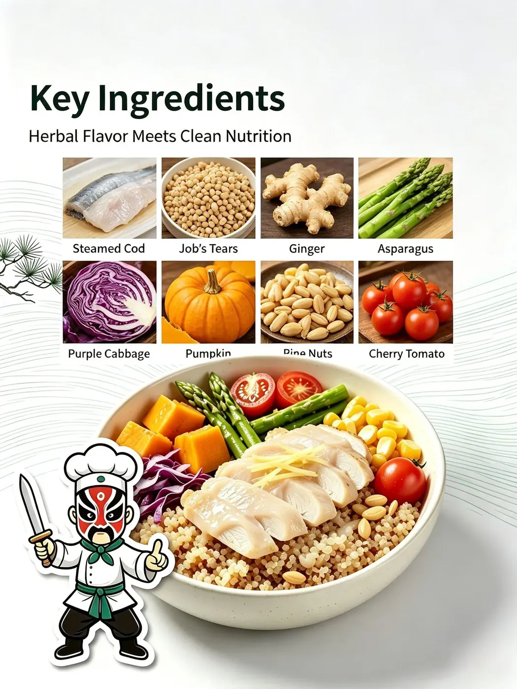 Making Ginger Steamed Cod Job's Tears Bowl — six step preparation process infographic