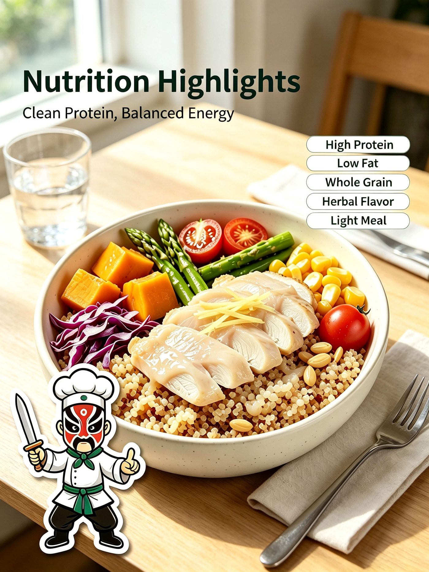 Ginger Steamed Cod Job's Tears Bowl flat lay showing fresh ingredients and balanced nutrition