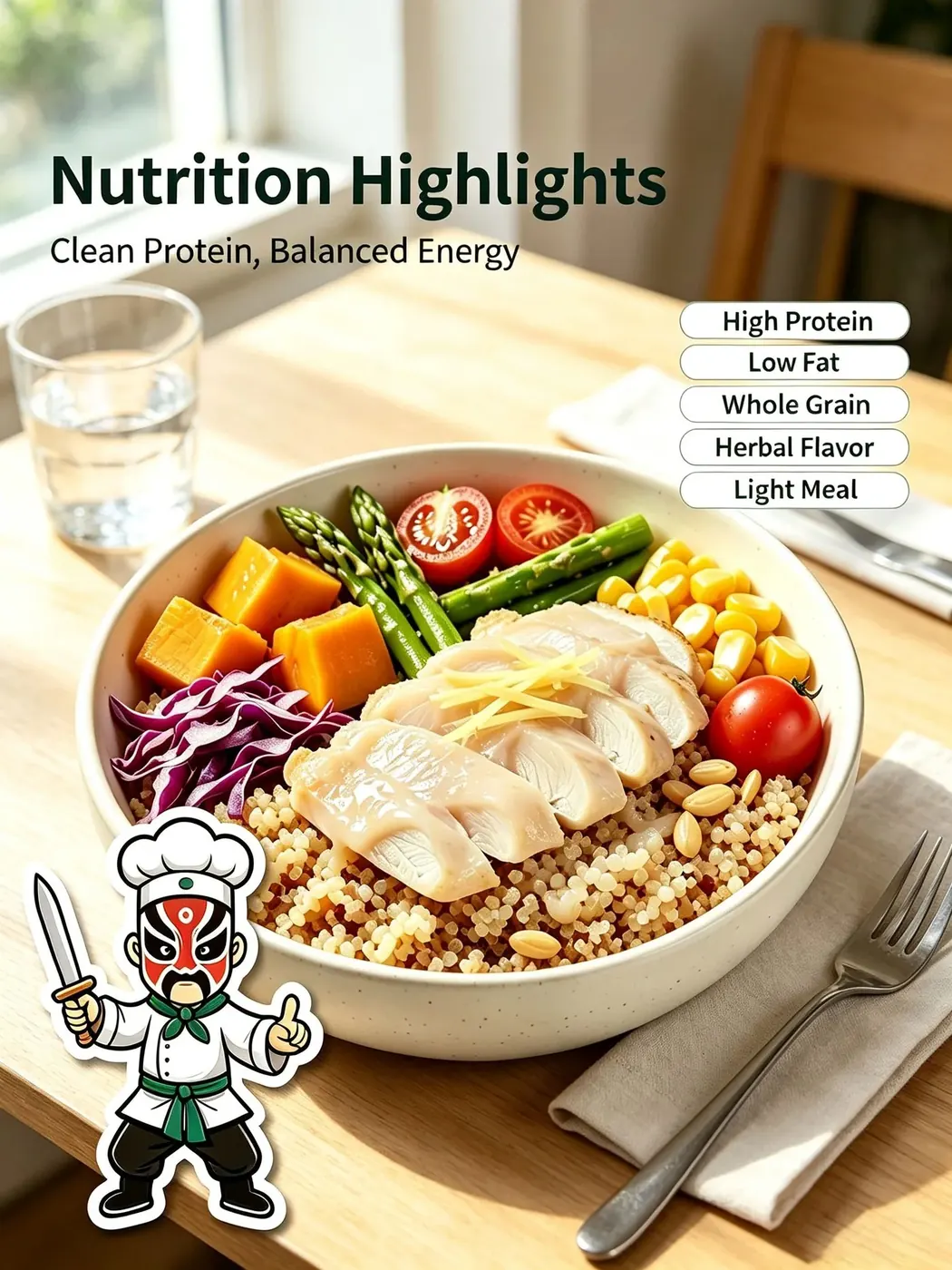 Ginger Steamed Cod Job's Tears Bowl flat lay showing fresh ingredients and balanced nutrition
