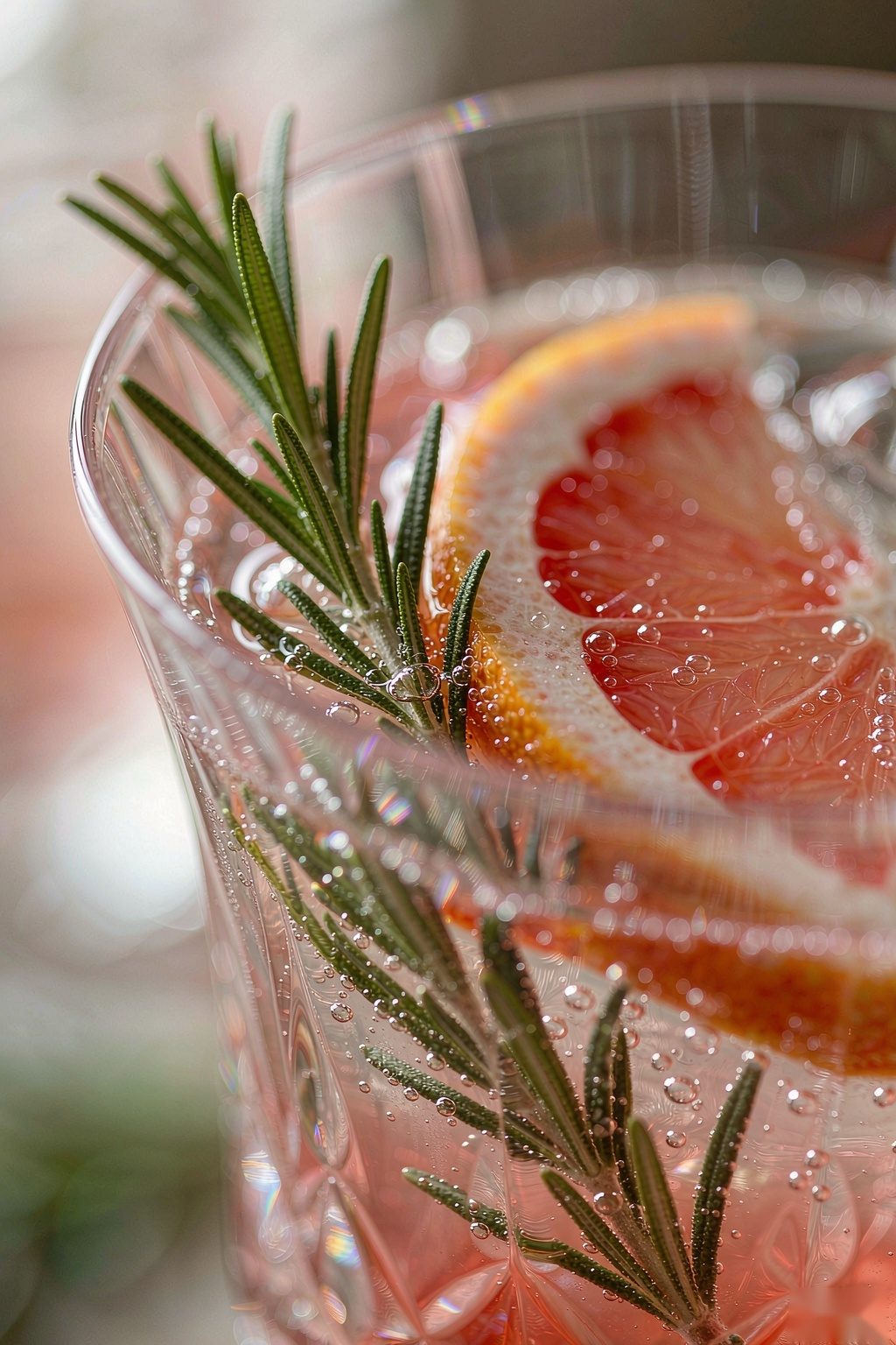 Macro of Grapefruit Rosemary Sparkling Water with fine bubbles and a rosemary sprig