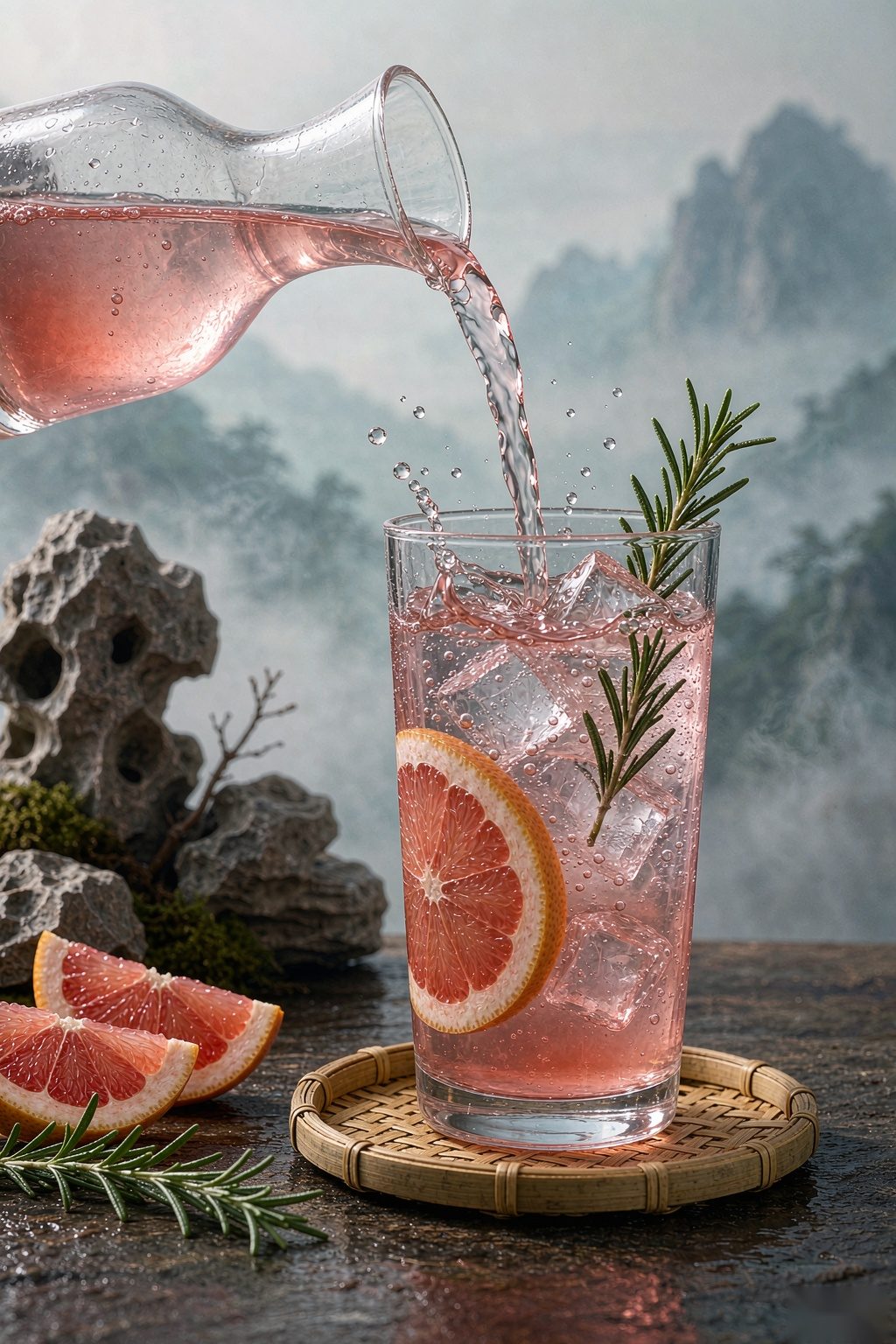 Pouring Grapefruit Rosemary Sparkling Water into a glass with ice and grapefruit