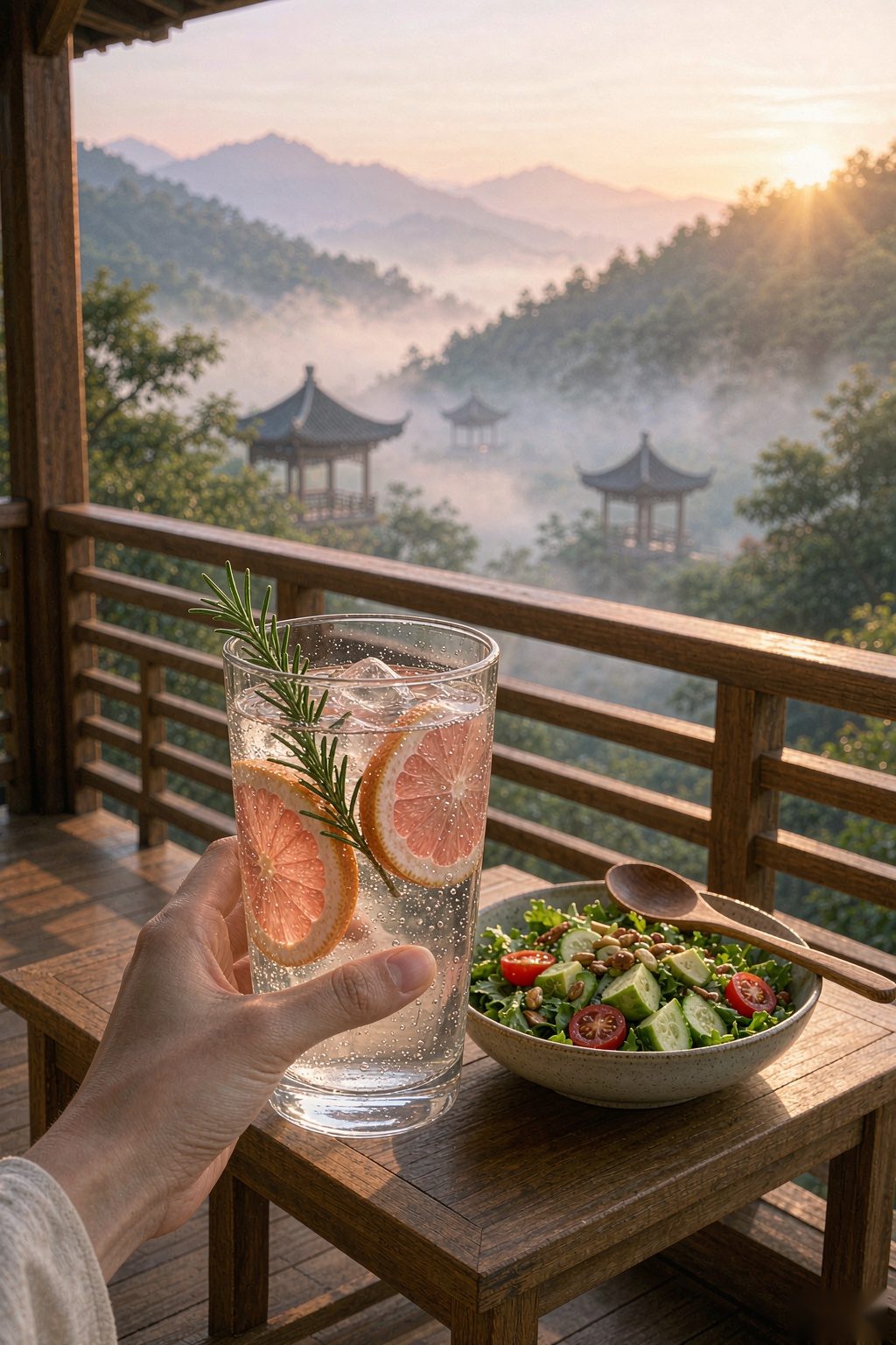 Hand holding Grapefruit Rosemary Sparkling Water outdoors with a light meal salad bowl