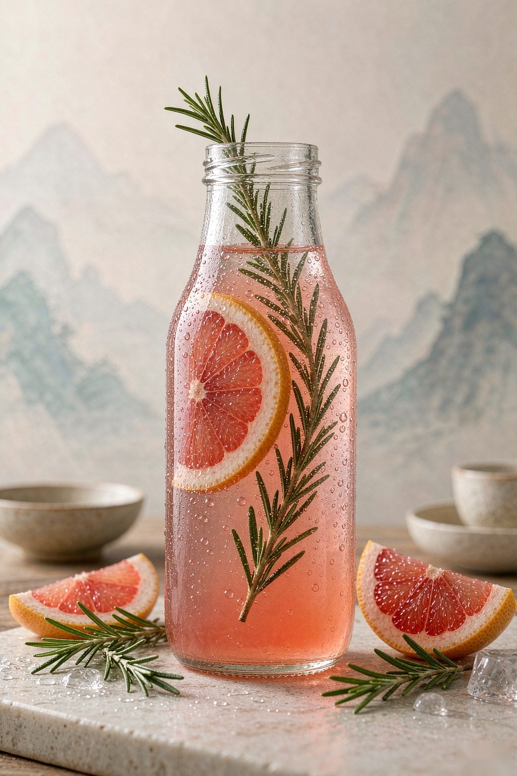 Kung Fu Grapefruit Rosemary Sparkling Water — zero calorie citrus sparkling water with grapefruit and rosemary, bright healthy light meal beverage